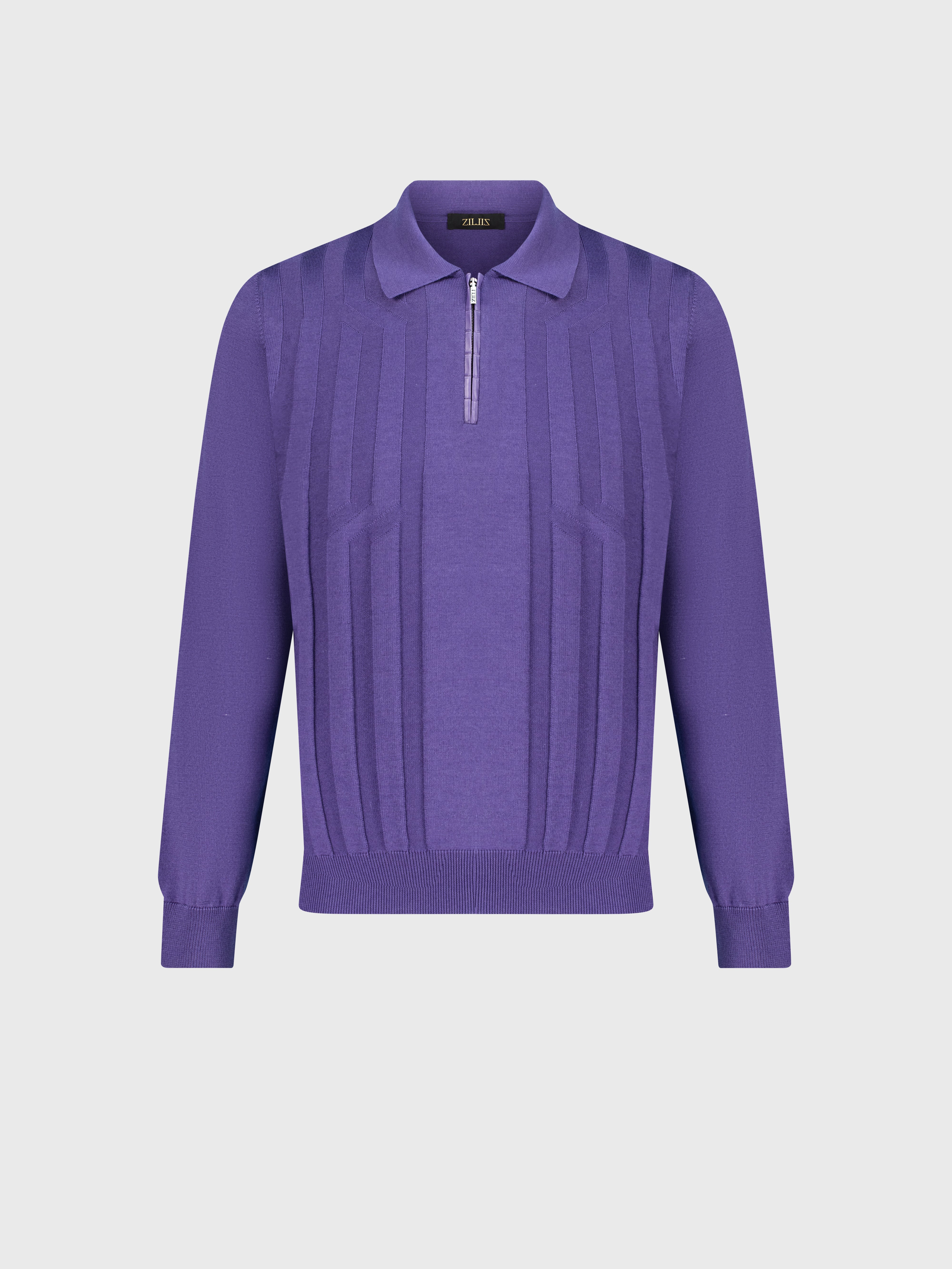 Zipped Polo with Crossed Stripes Jacquard Smoke Violet