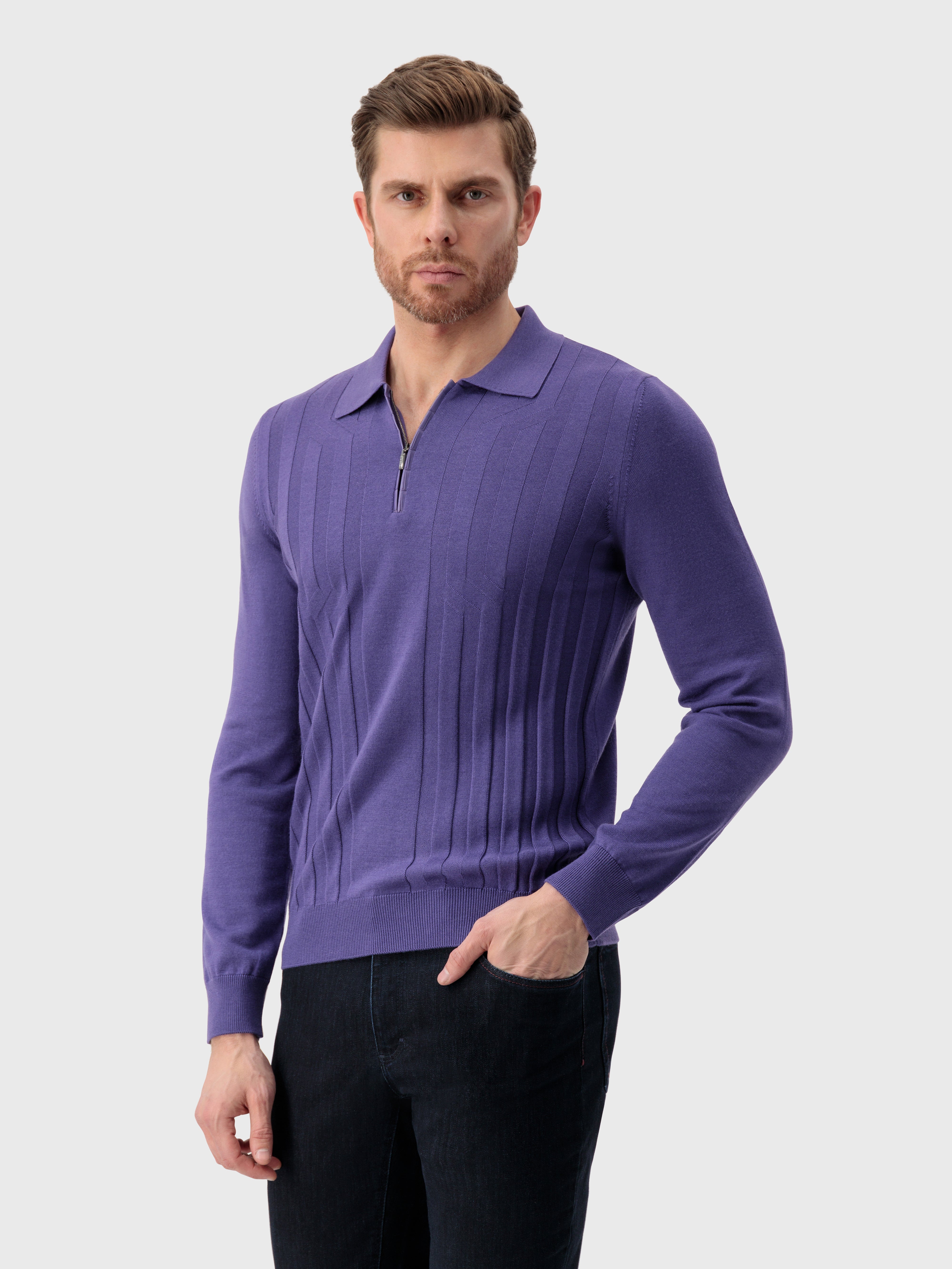 Zipped Polo with Crossed Stripes Jacquard Smoke Violet