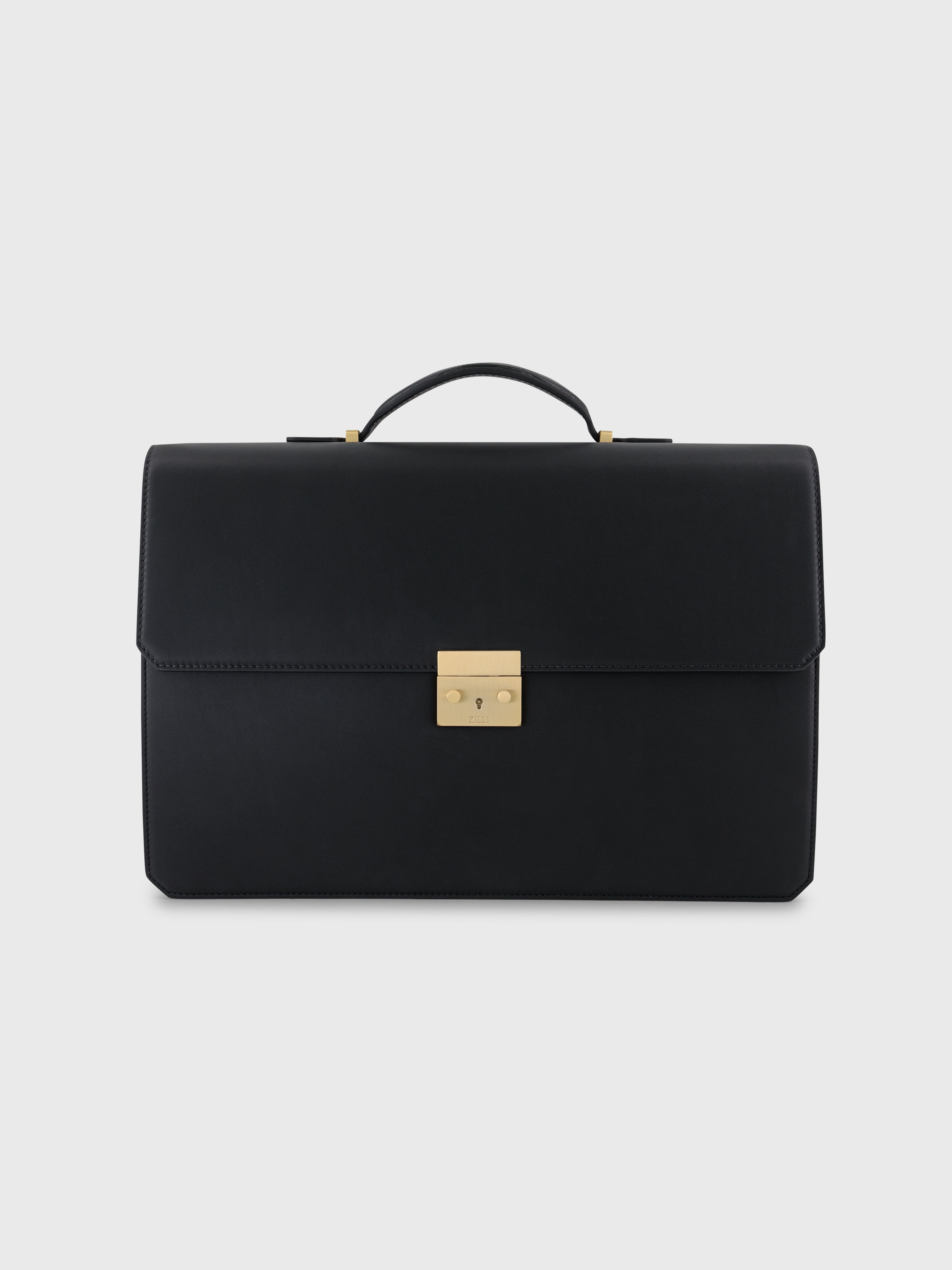 Gold-Finish Buckle Calfskin Briefcase - Black