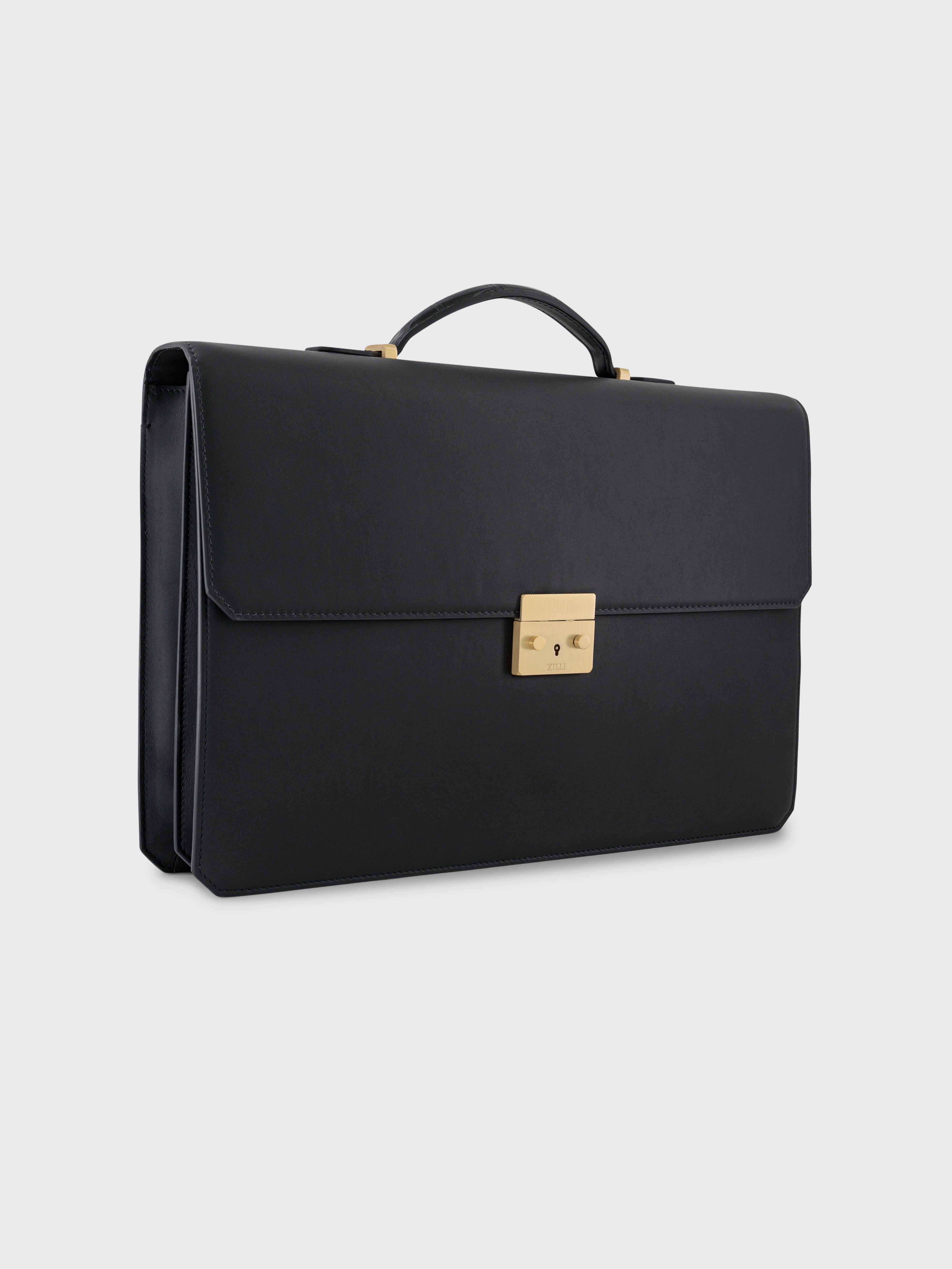 Gold-Finish Buckle Calfskin Briefcase - Black