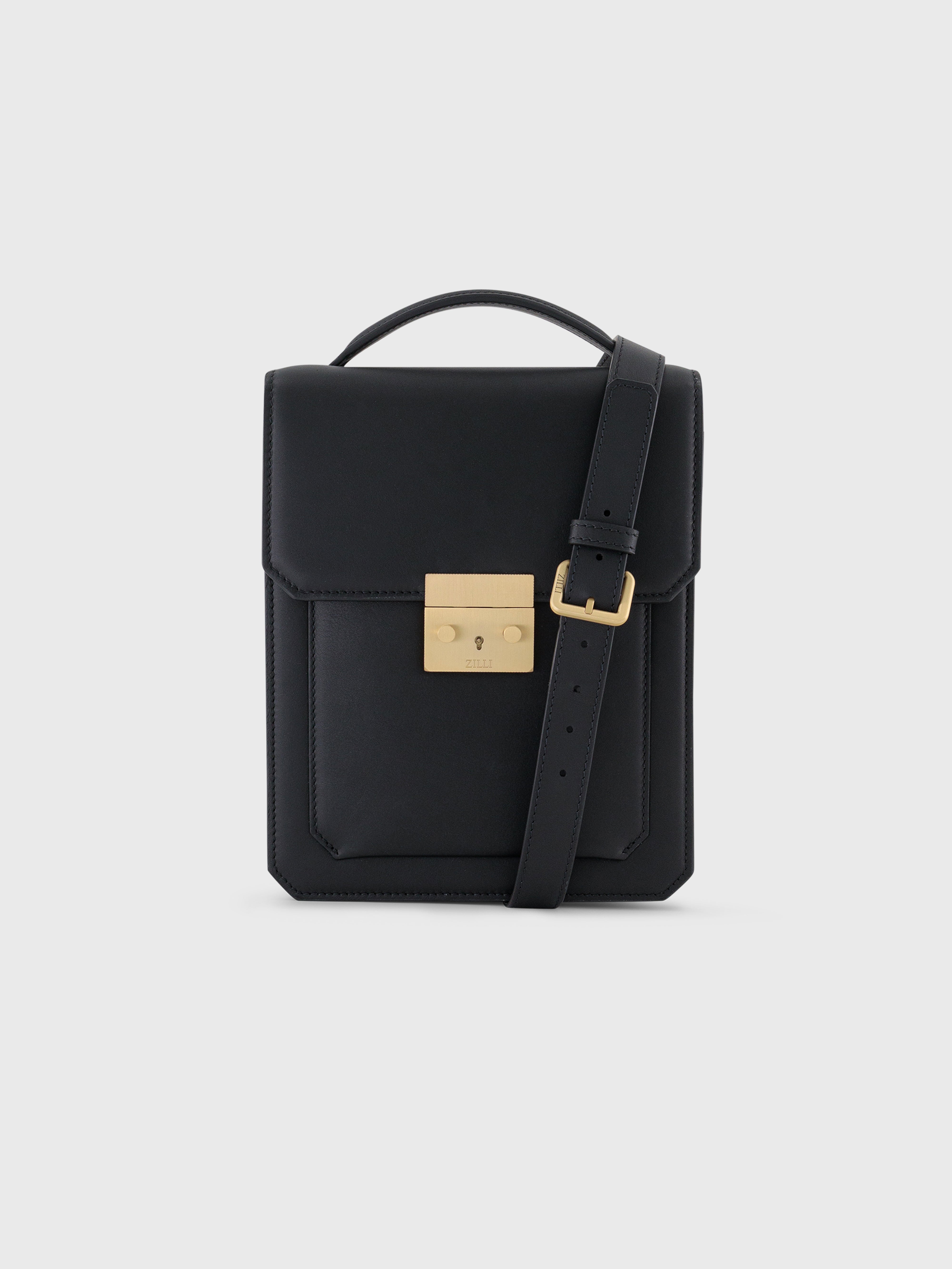 Gold-Finish Buckle Calfskin Shoulder Bag - Black