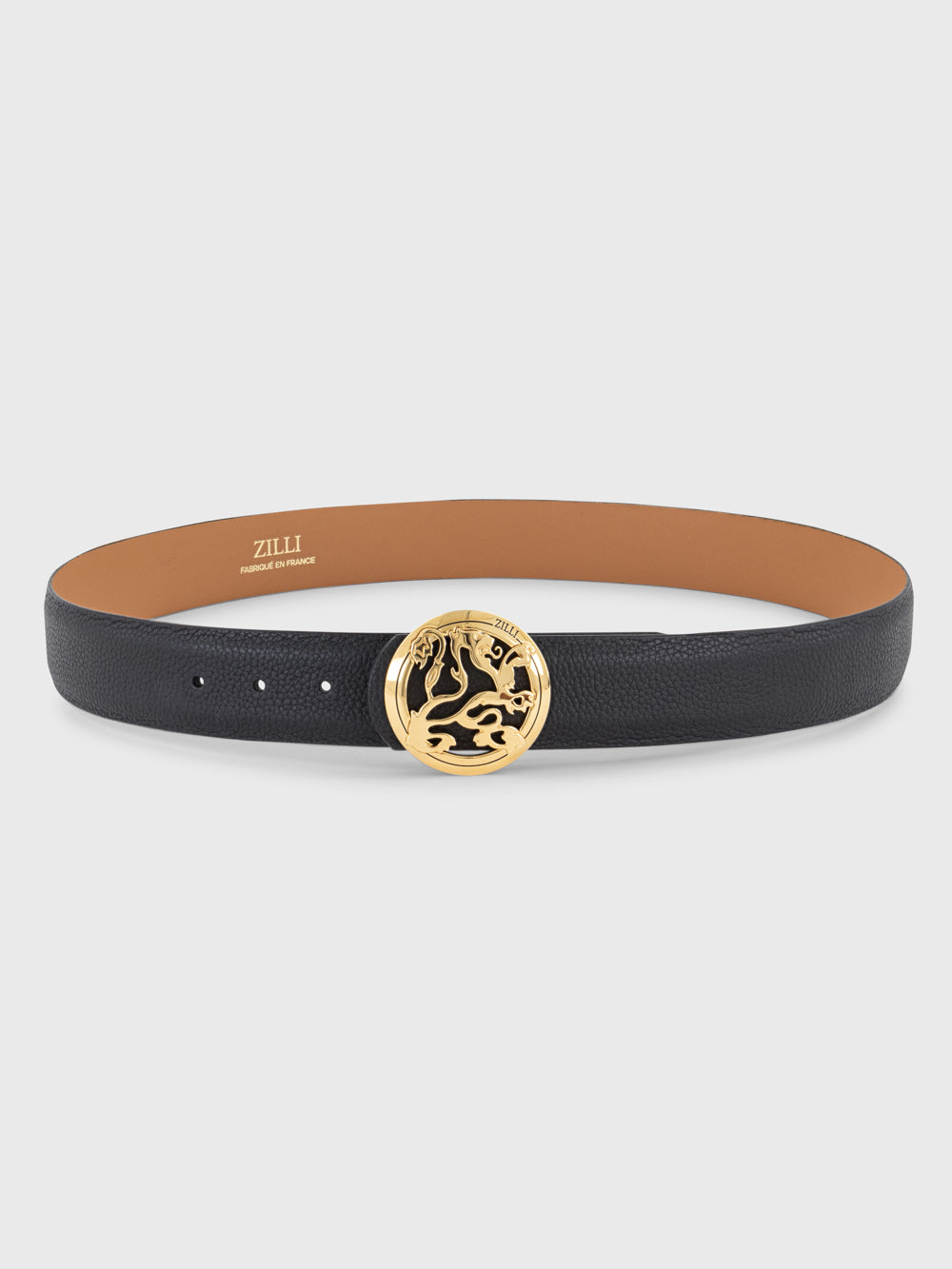 Gold-Finish Lion Buckle Grained Calfskin Belt - Black