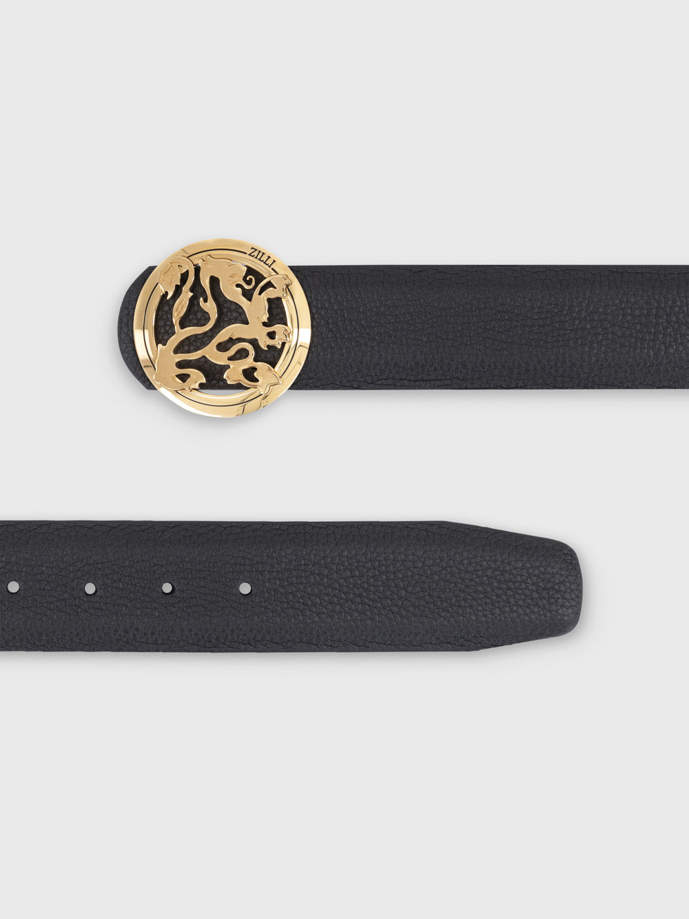 Gold-Finish Lion Buckle Grained Calfskin Belt - Black