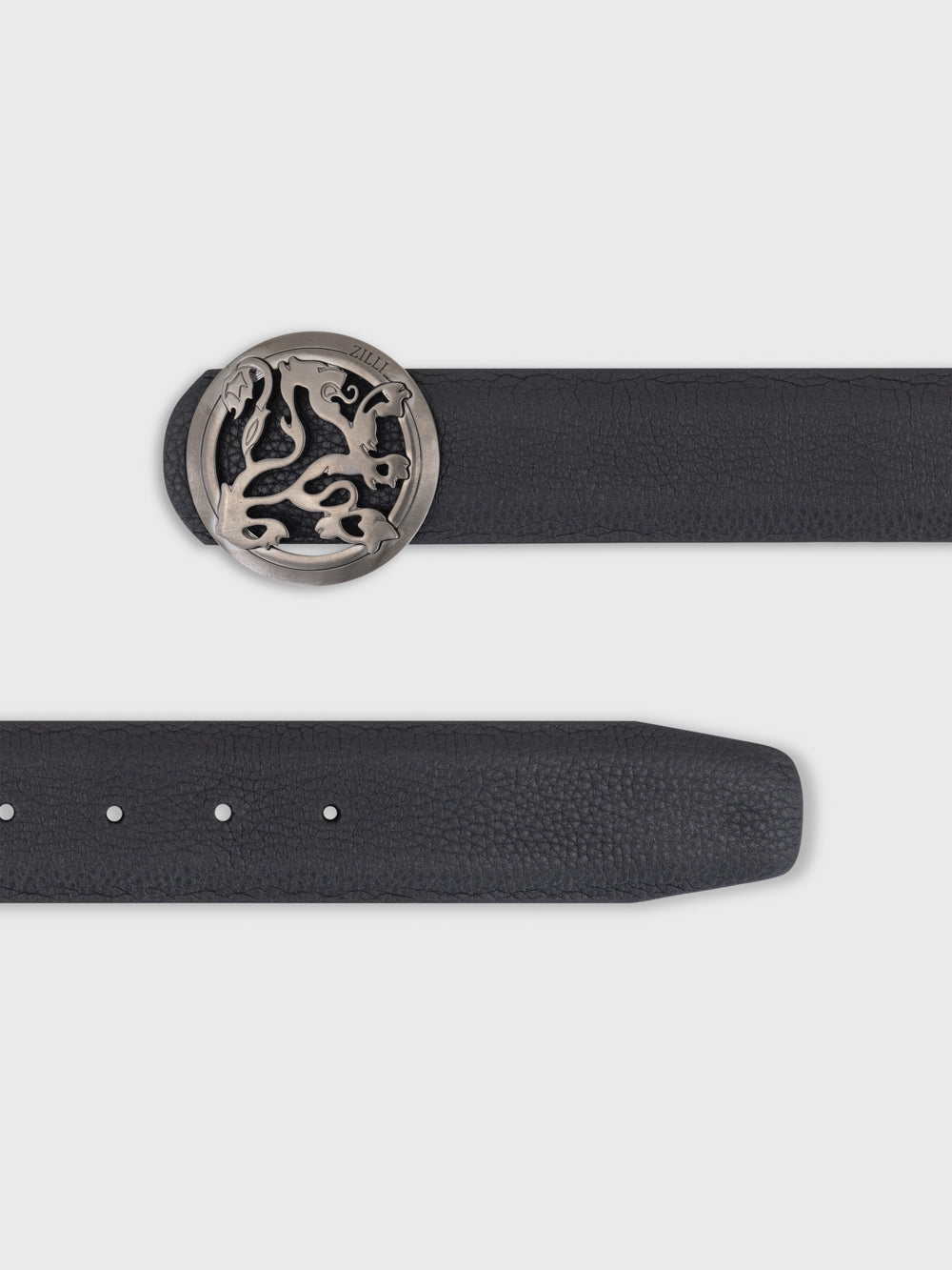 Ruthenium-Finish Lion Buckle Grained Calfskin Belt - Black