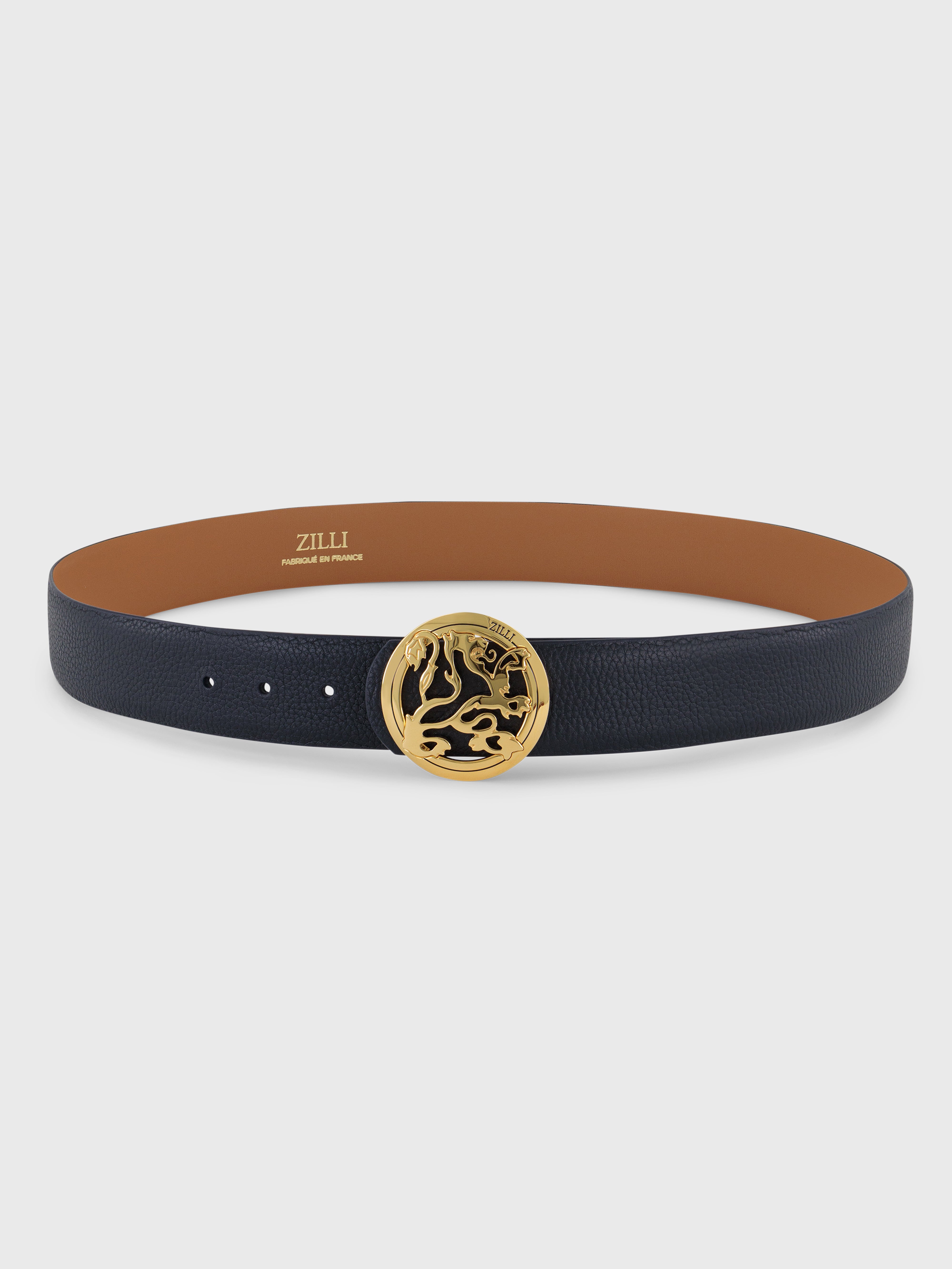 Gold-Finish Lion Buckle Grained Calfskin Belt - Blue Navy