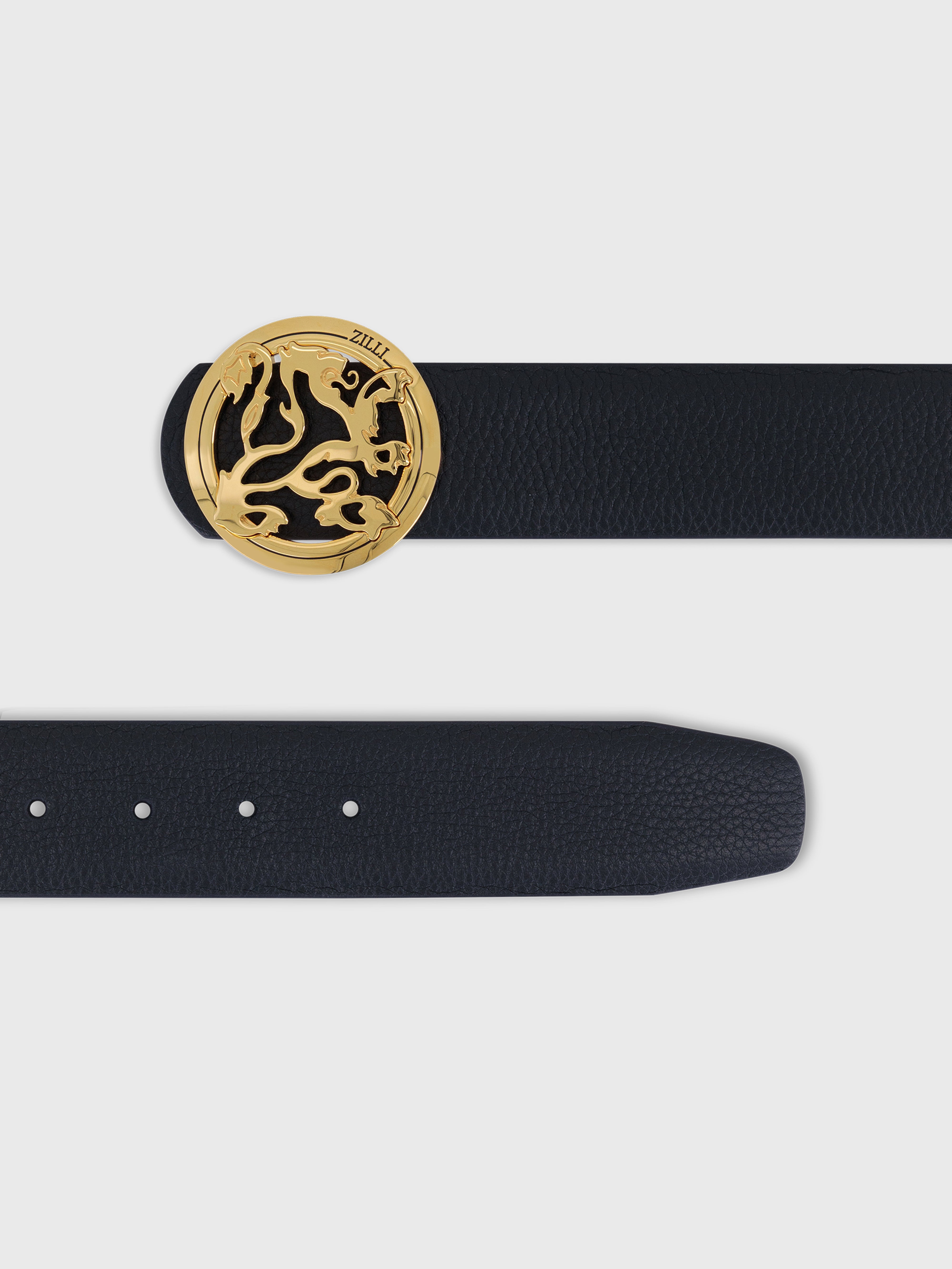 Gold-Finish Lion Buckle Grained Calfskin Belt - Blue Navy