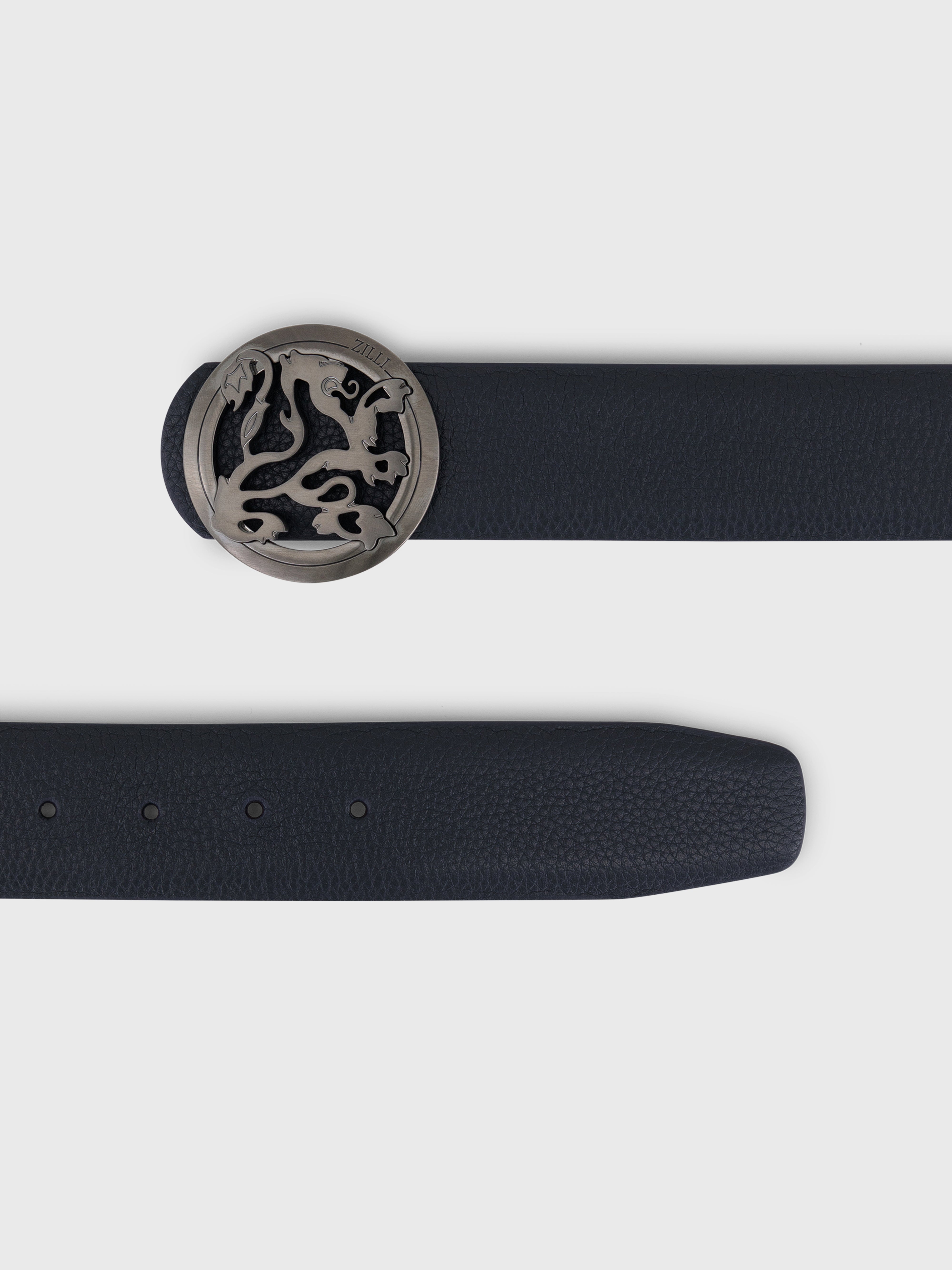 Ruthenium-Finish Lion Buckle Grained Calfskin Belt - Blue Navy