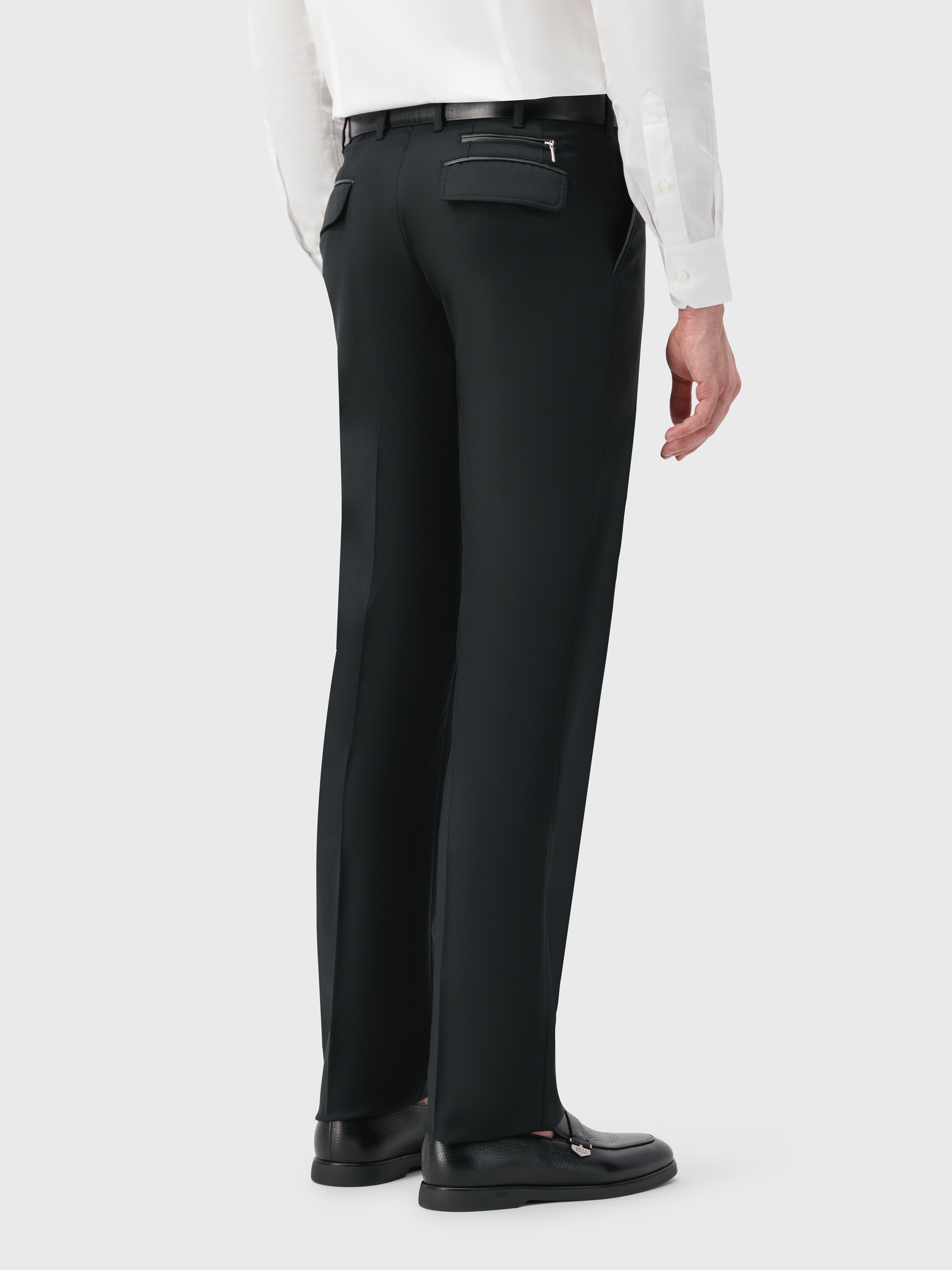 Wool Trousers with Leather Detailing Black