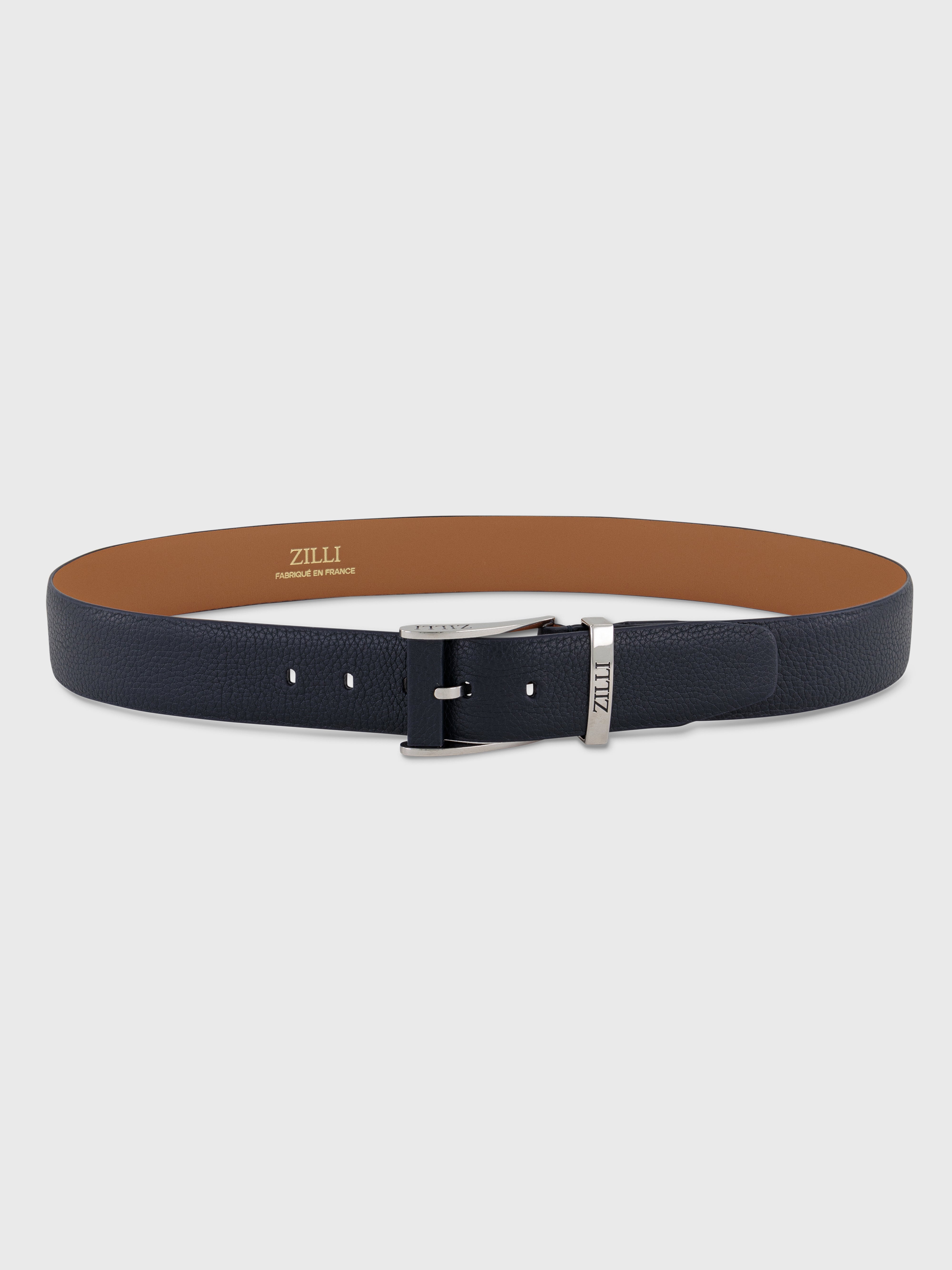 Palladium-Finish 2007 Buckle Grained Calfskin Belt - Blue Navy