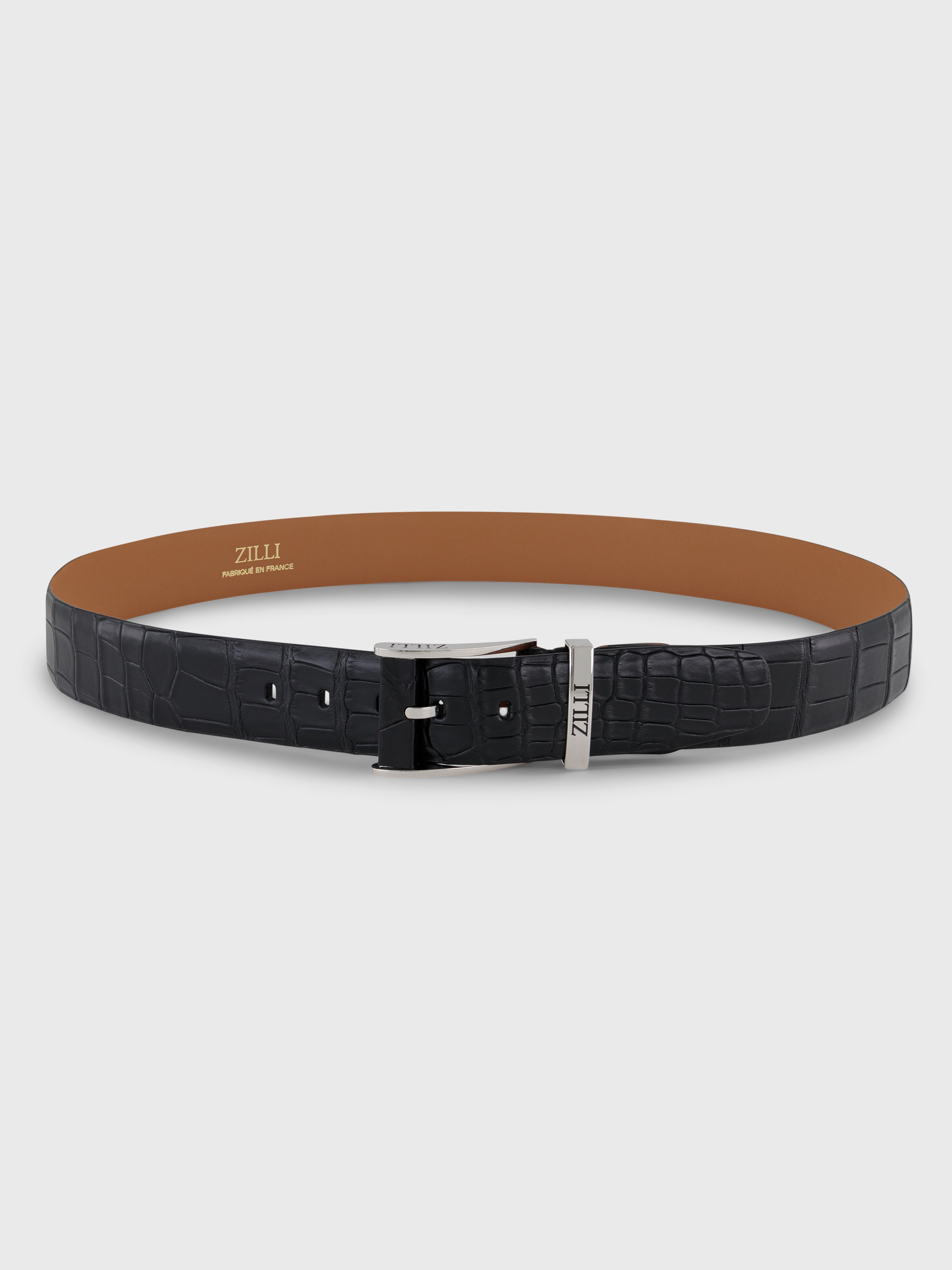 Palladium-Finish 2007 Buckle Crocodile Belt - Black