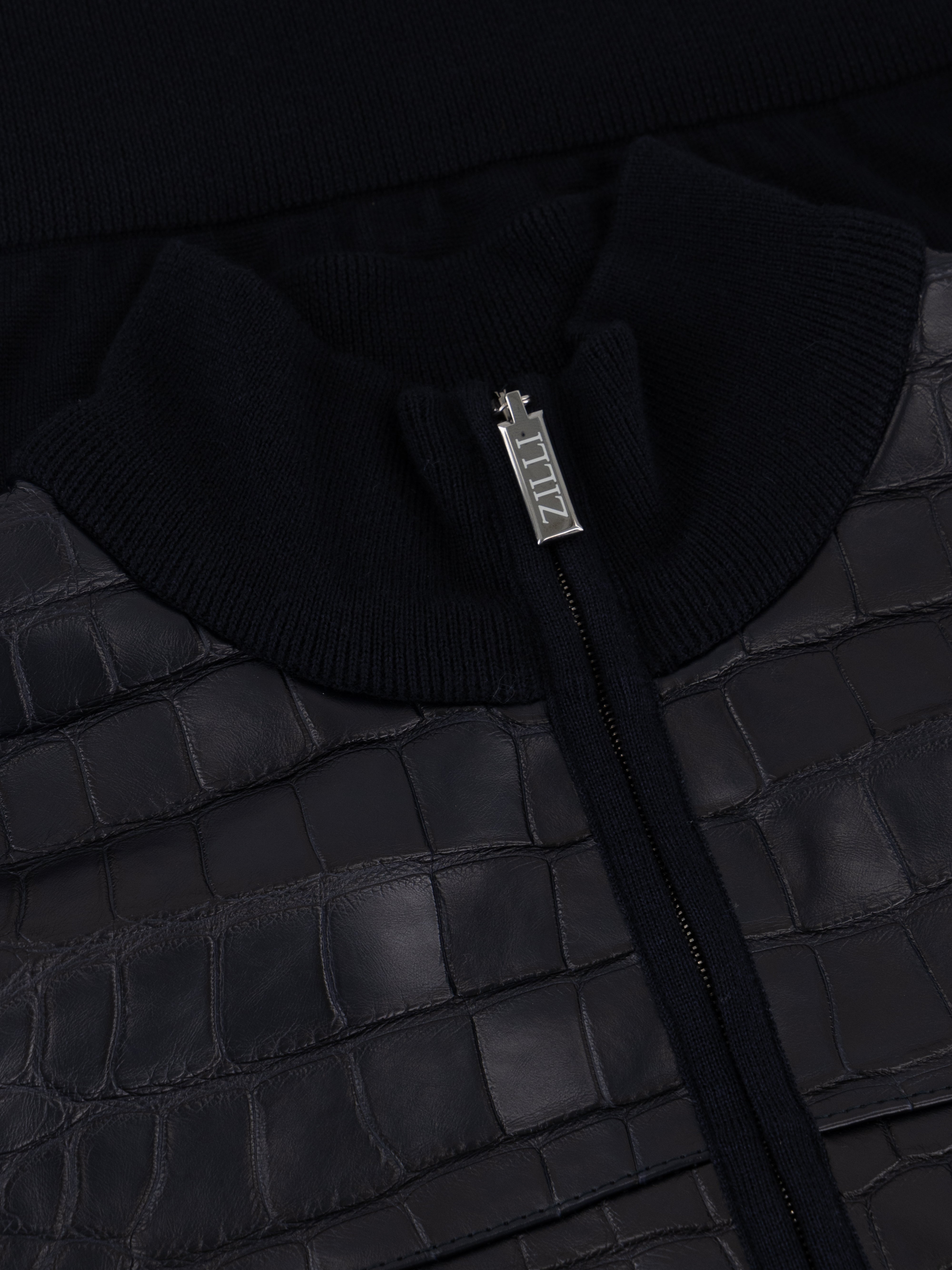 Full-Zip Sweater in Cashmere and Silk Crocodile Panel Dark Navy