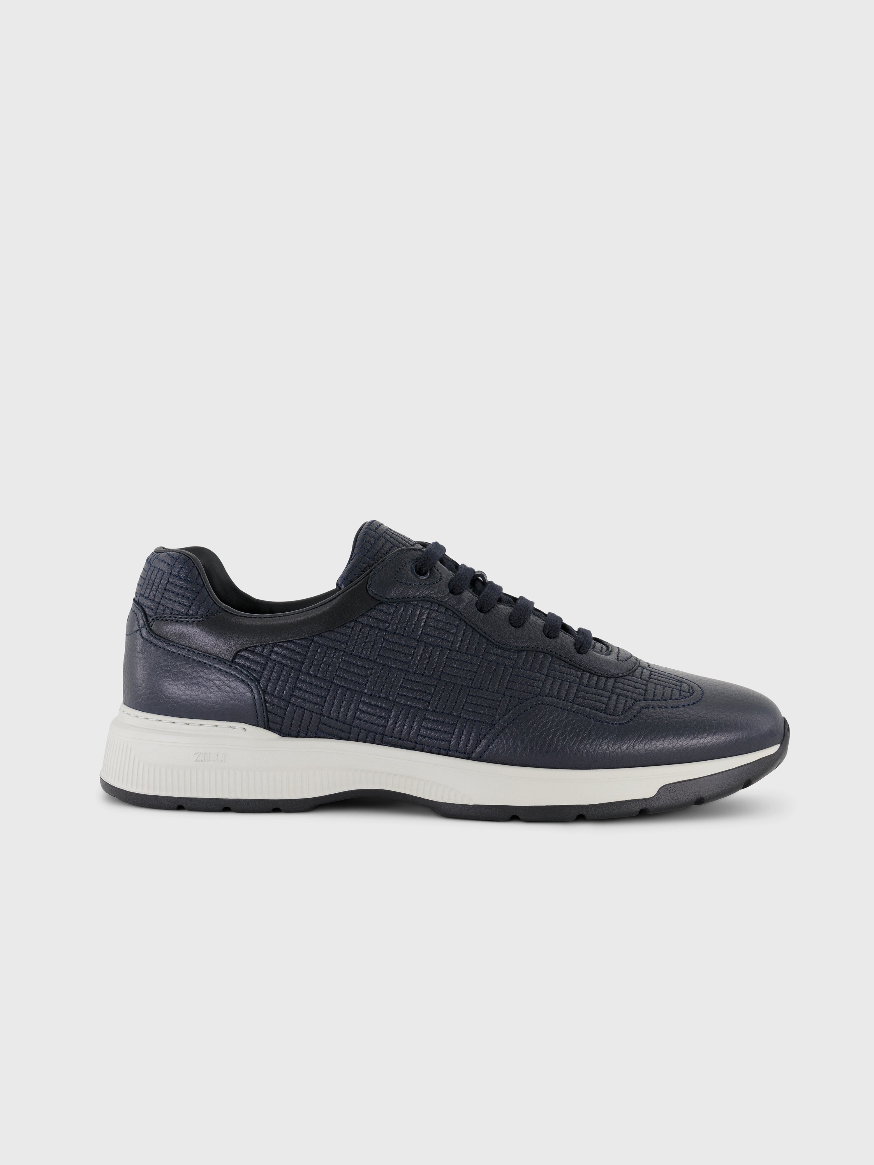 Grid Pattern Calfskin and Lambskin Sneakers Dark Navy