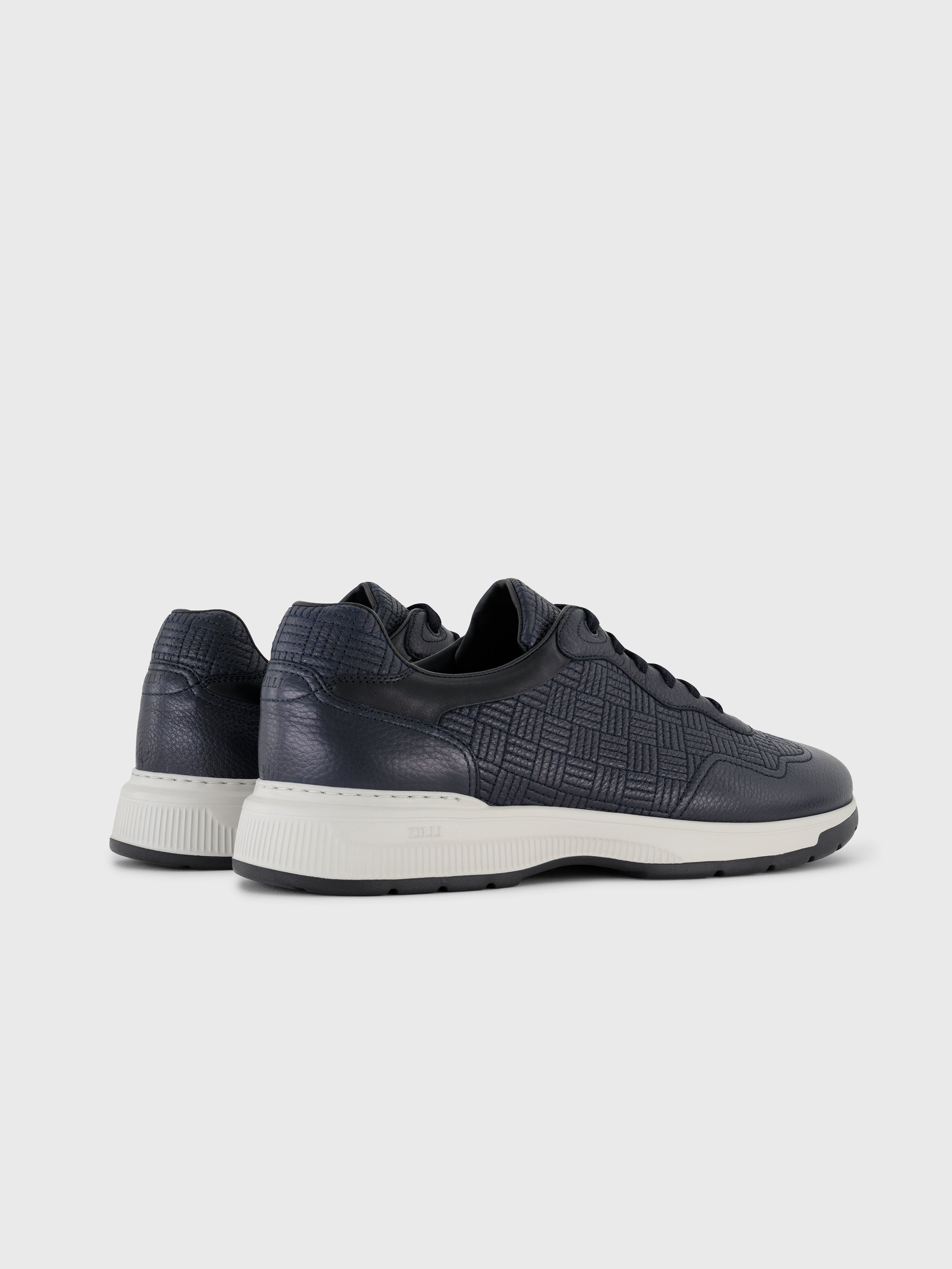 Grid Pattern Calfskin and Lambskin Sneakers Dark Navy