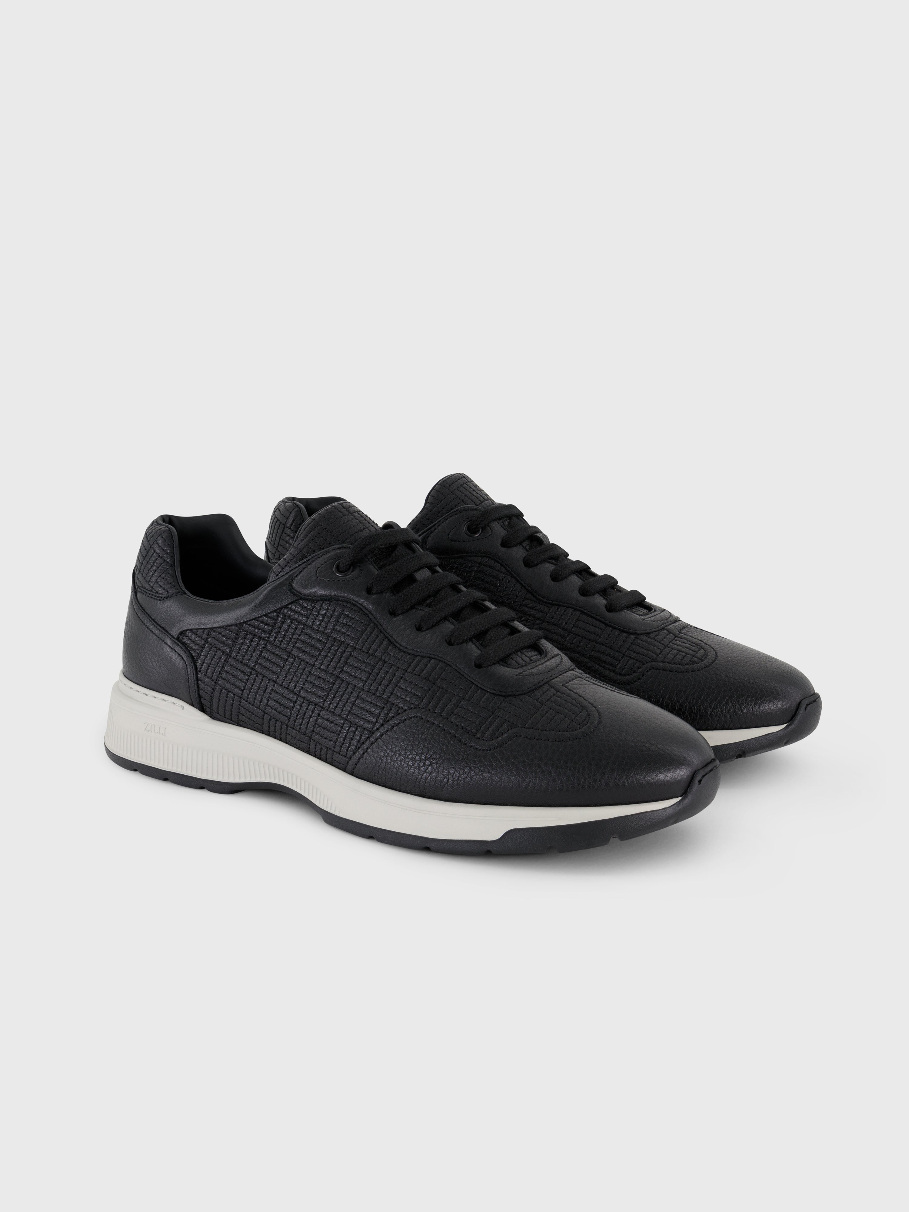 Grid Pattern Calfskin and Lambskin Sneakers Black