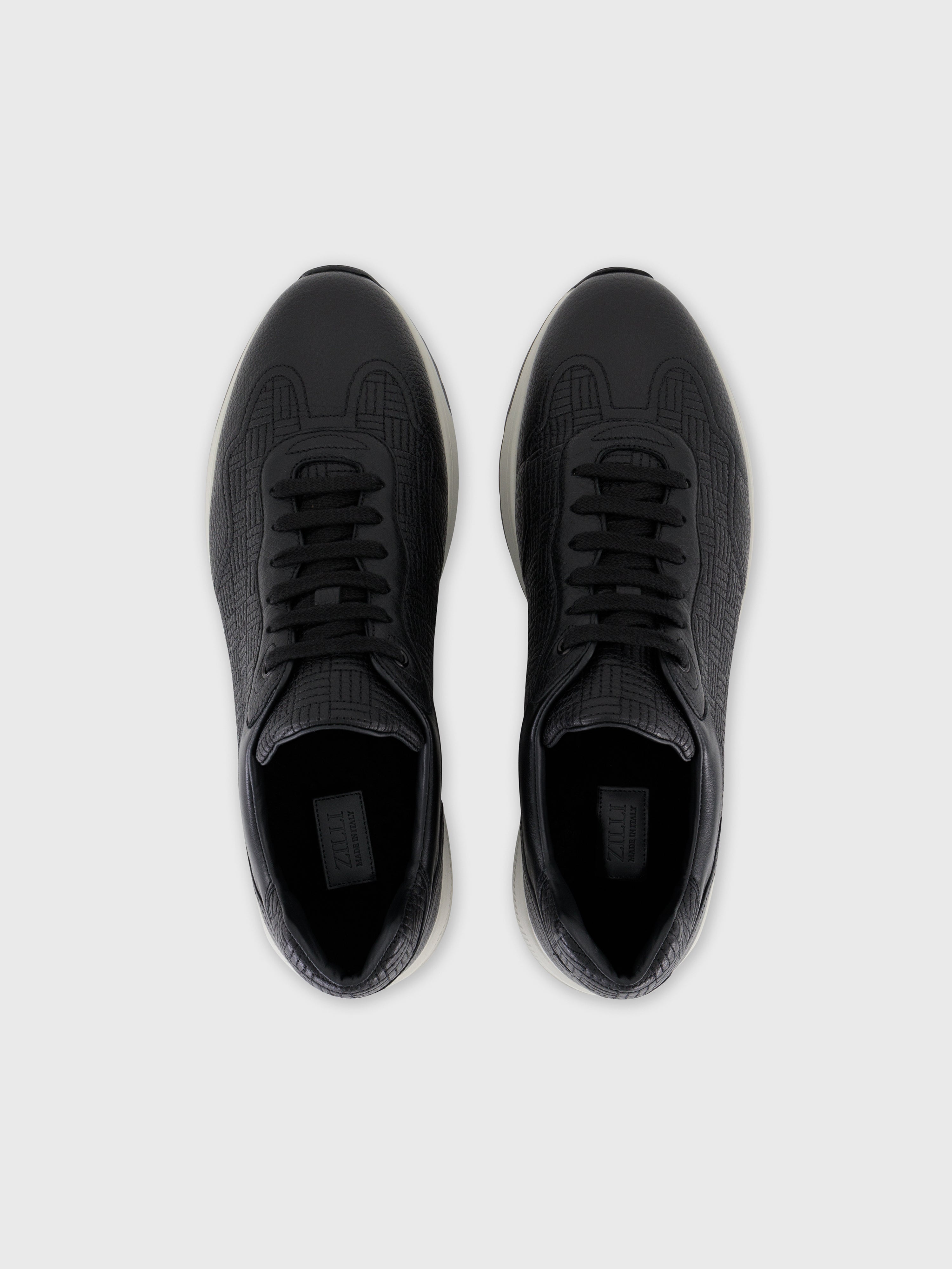 Grid Pattern Calfskin and Lambskin Sneakers Black