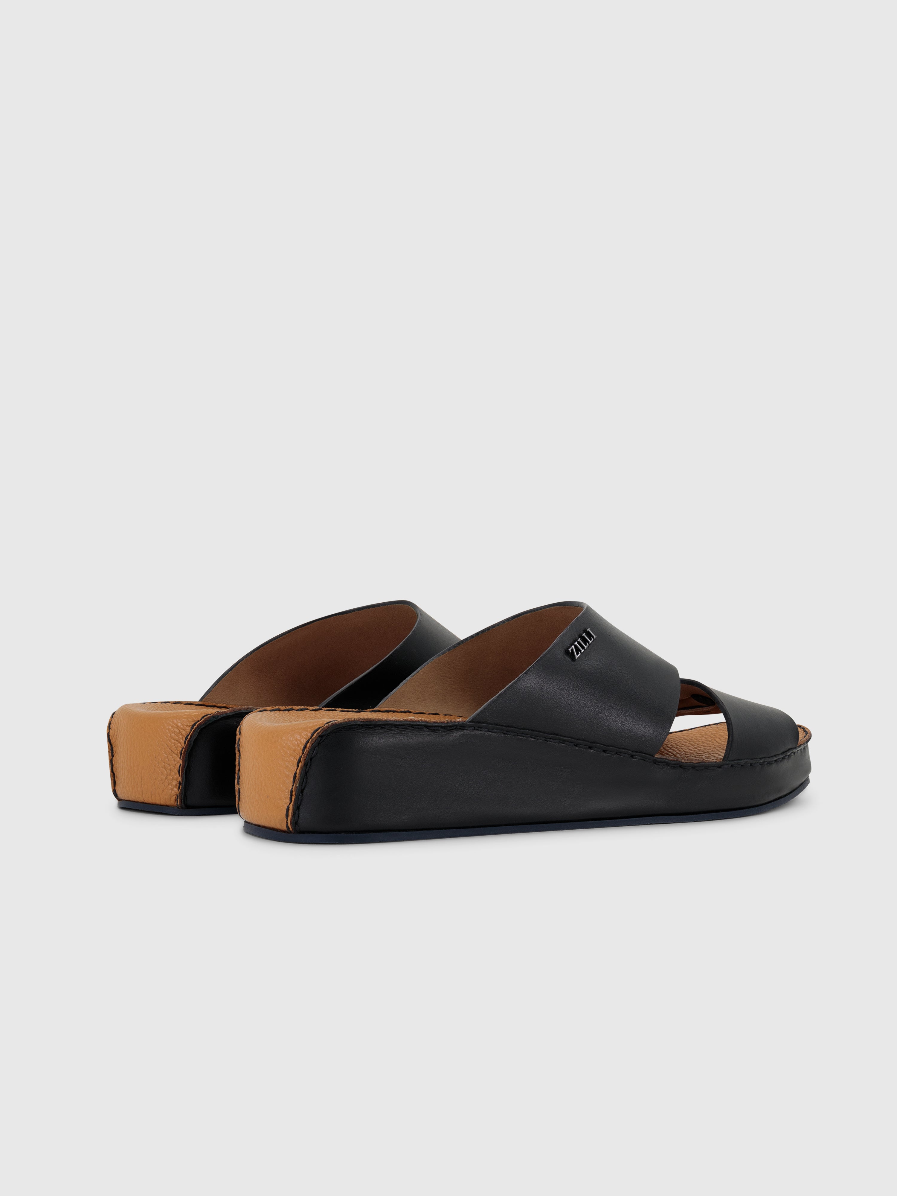 Calfskin Sandals with Caiman Details Black