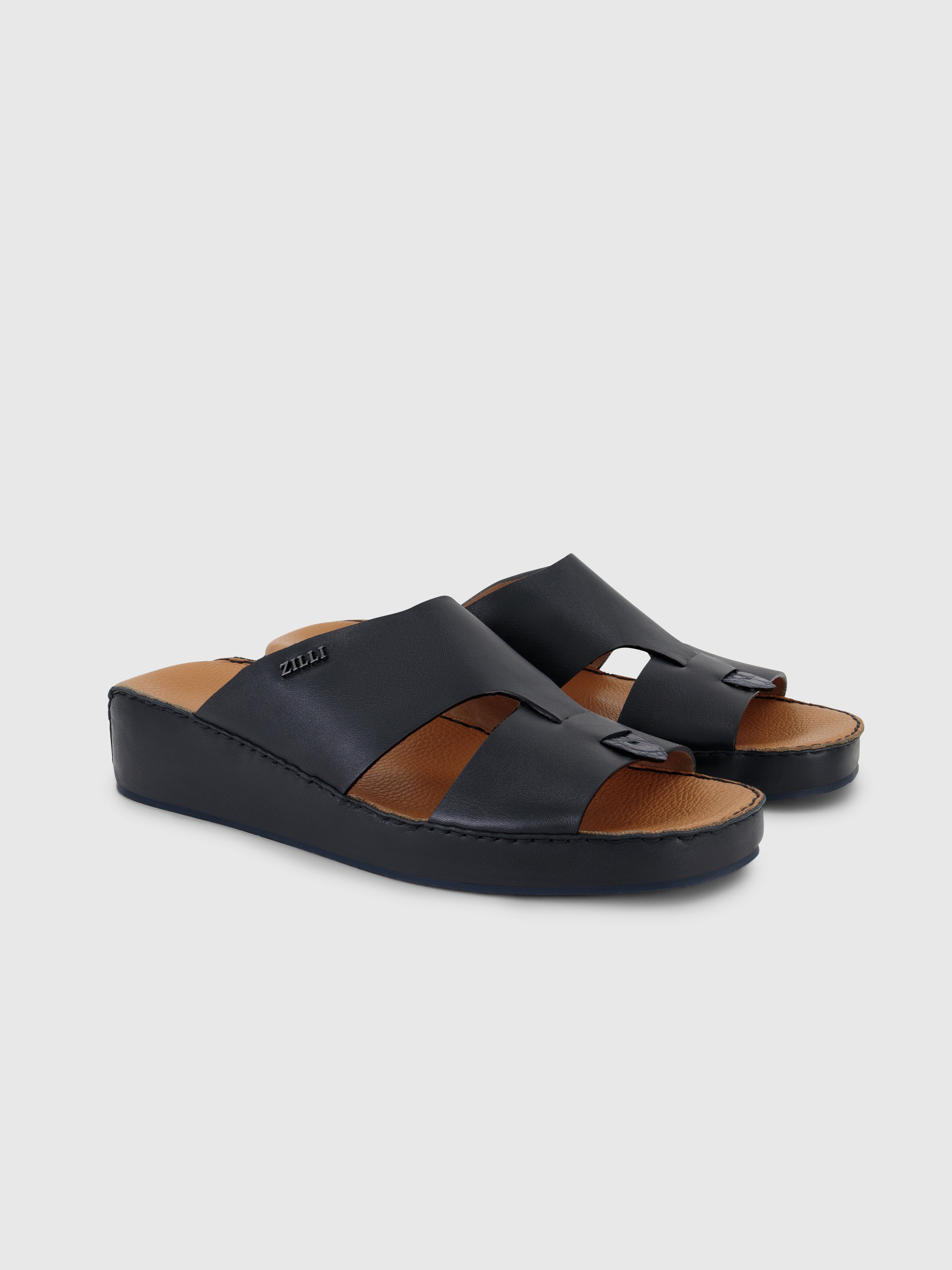 Calfskin Sandals with Caiman Details Dark Navy