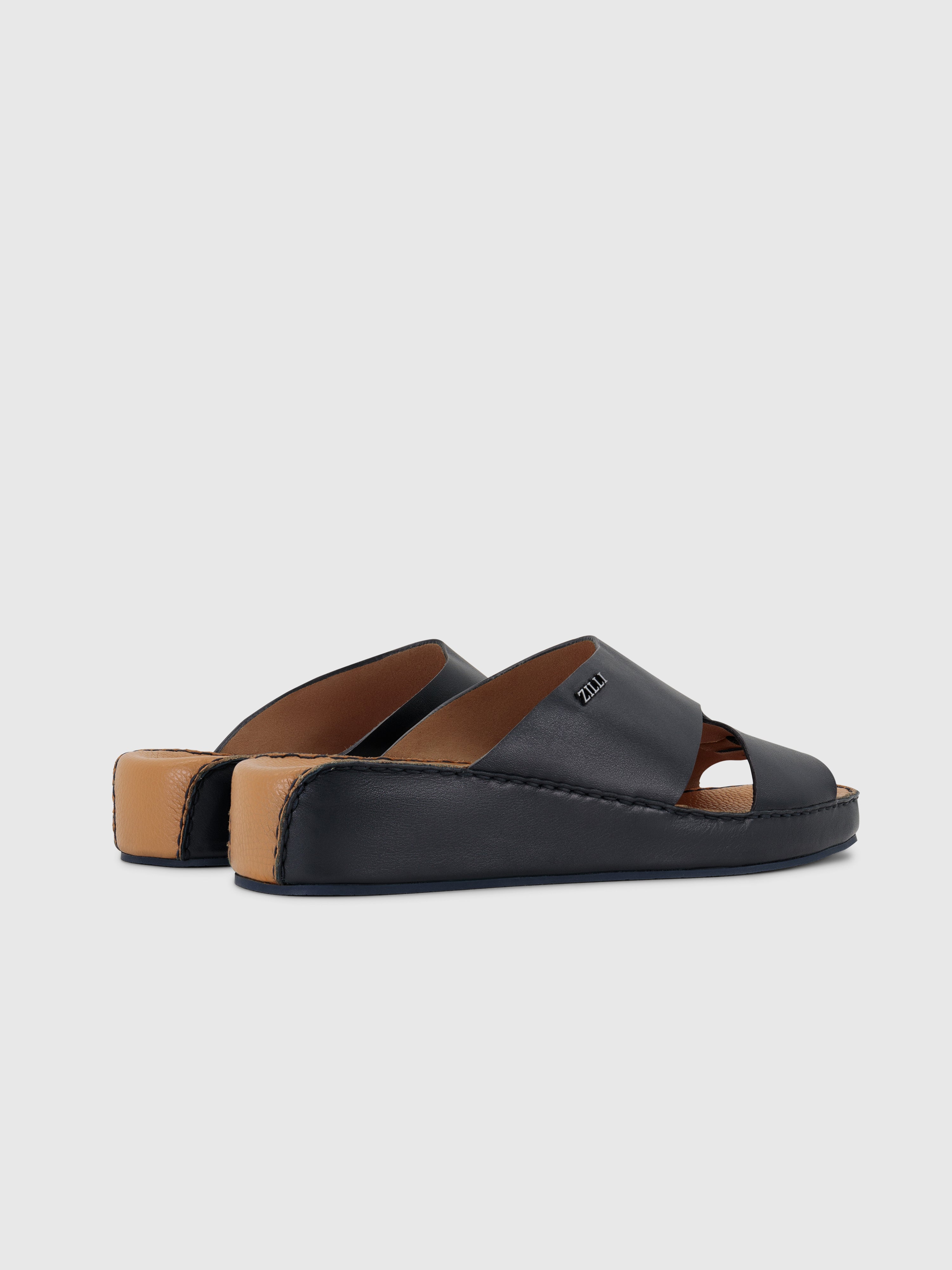 Calfskin Sandals with Caiman Details Dark Navy