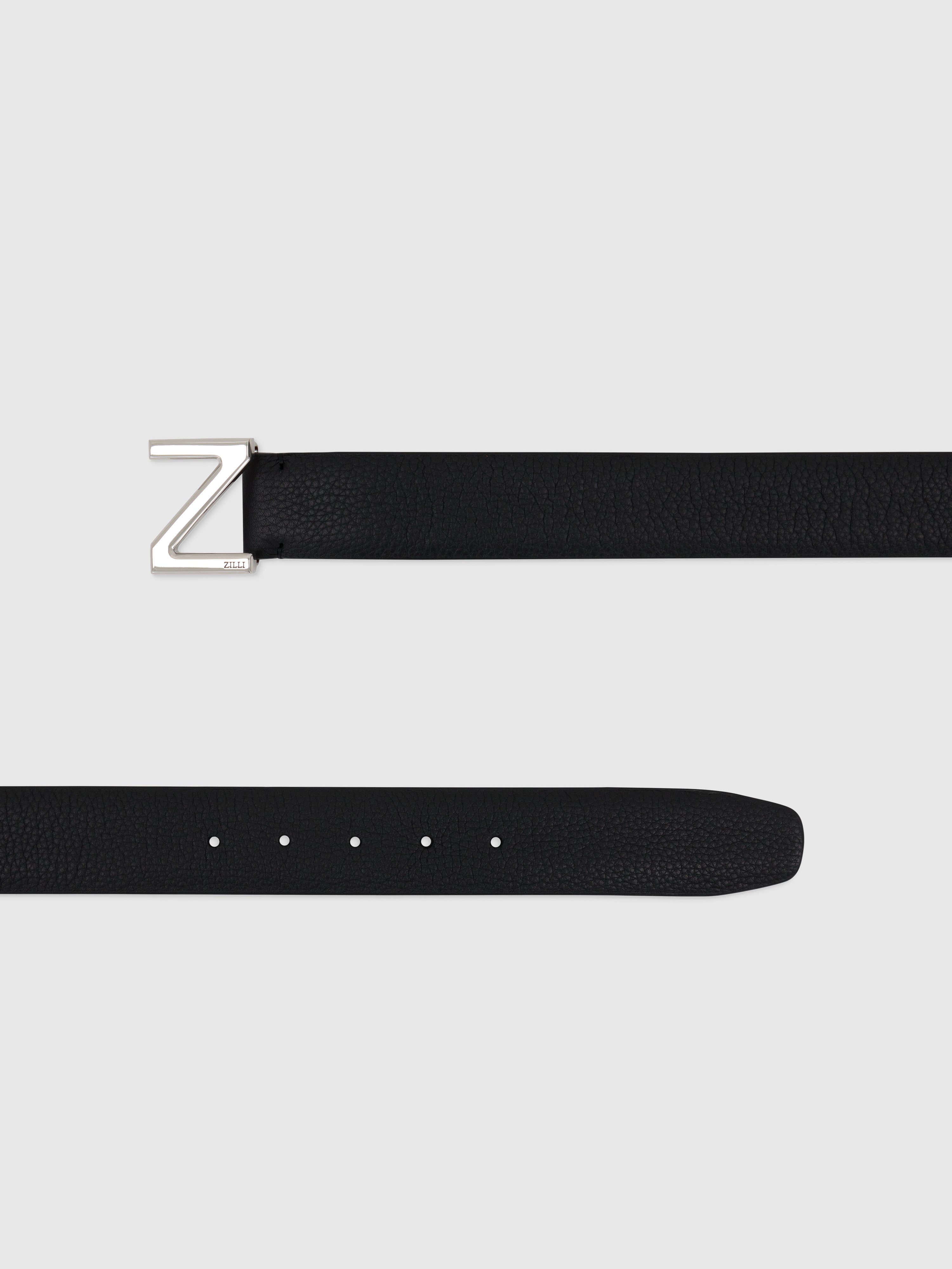 Grained Calfskin Belt with Z-Shaped Buckle Black