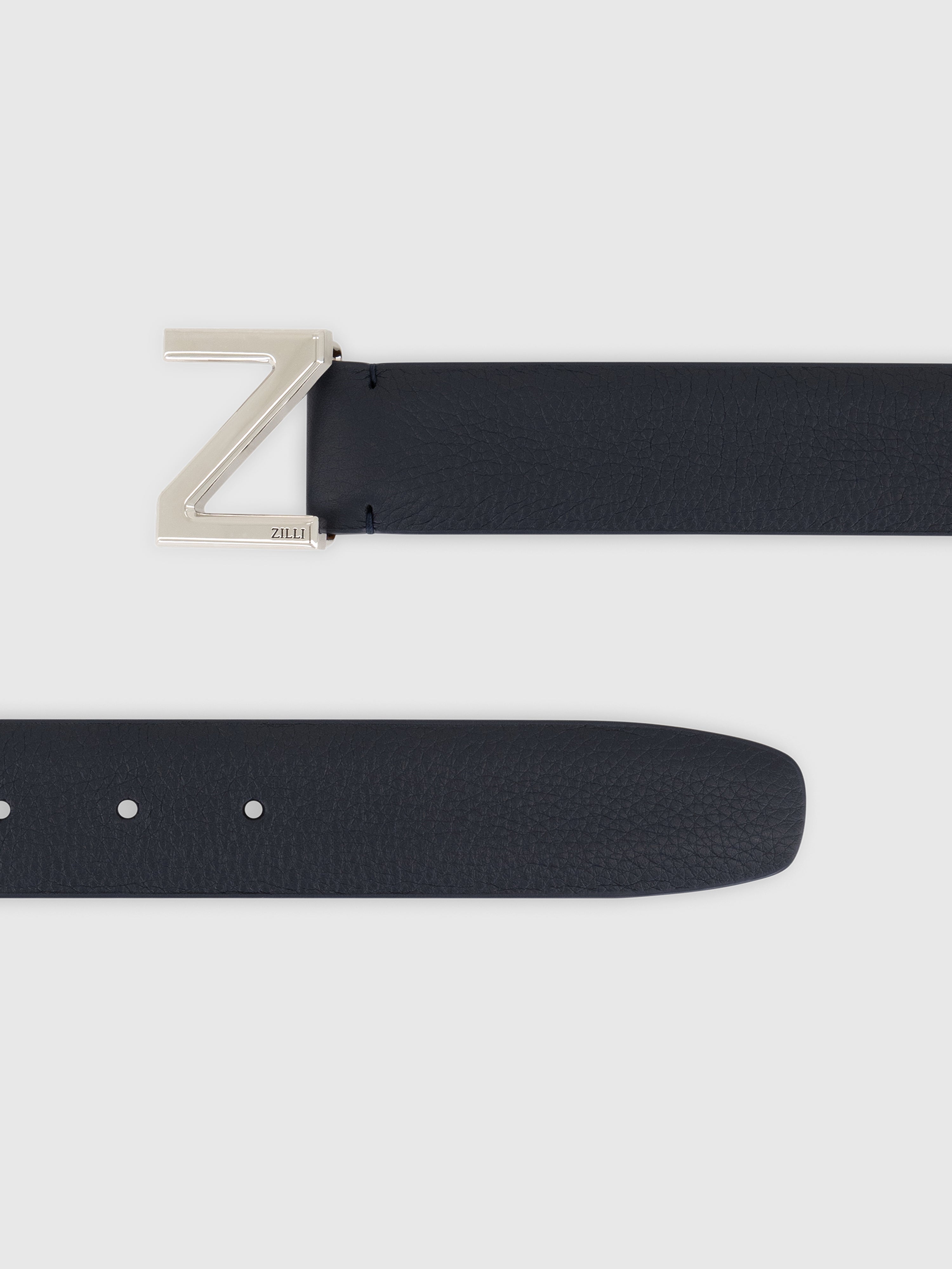 Grained Calfskin Belt with Z-Shaped Buckle Blue Navy