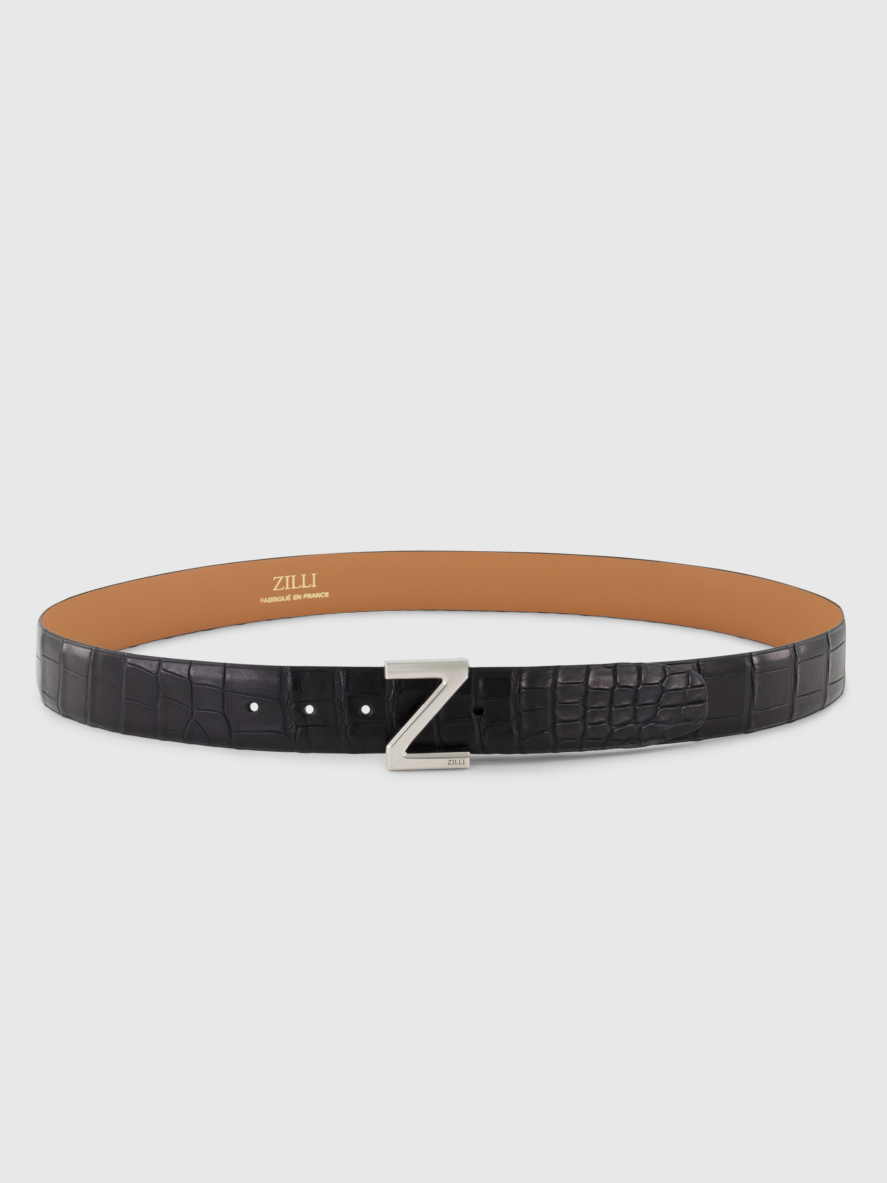 Crocodile and Calfskin Belt with Z-Shaped Buckle Black