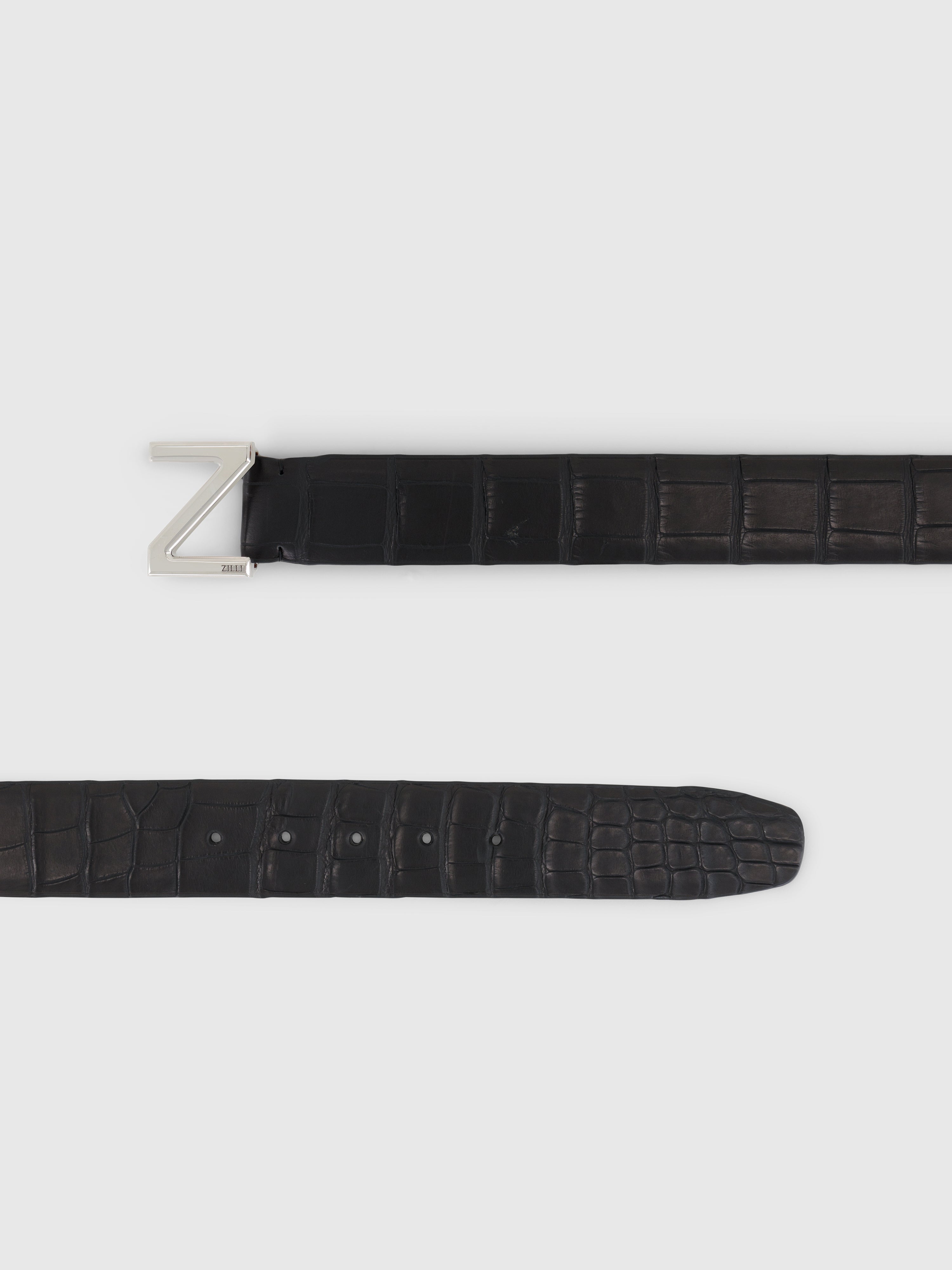 Crocodile and Calfskin Belt with Z-Shaped Buckle Black