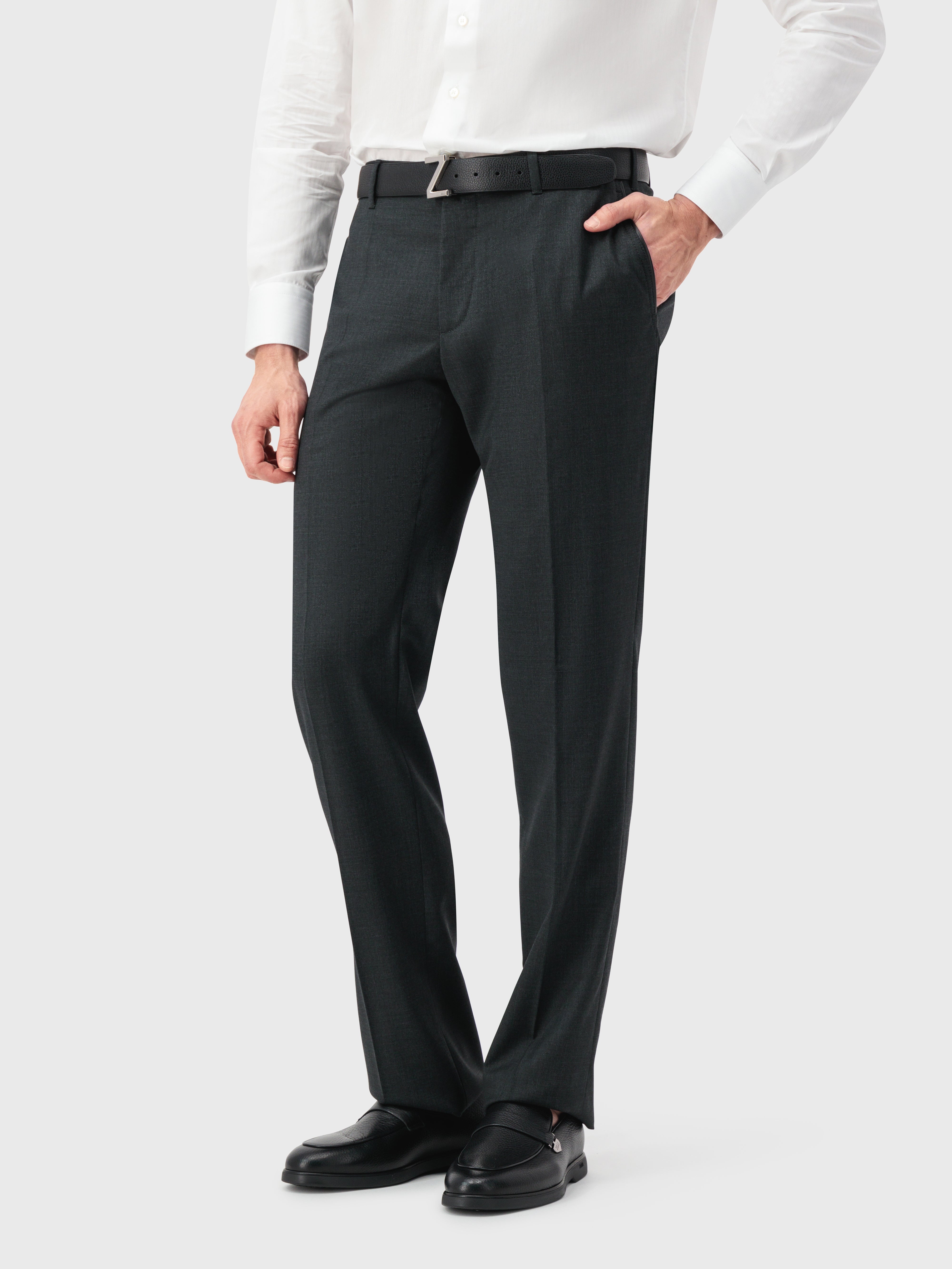 Wool Trousers with Leather Detailing Dark Charcoal