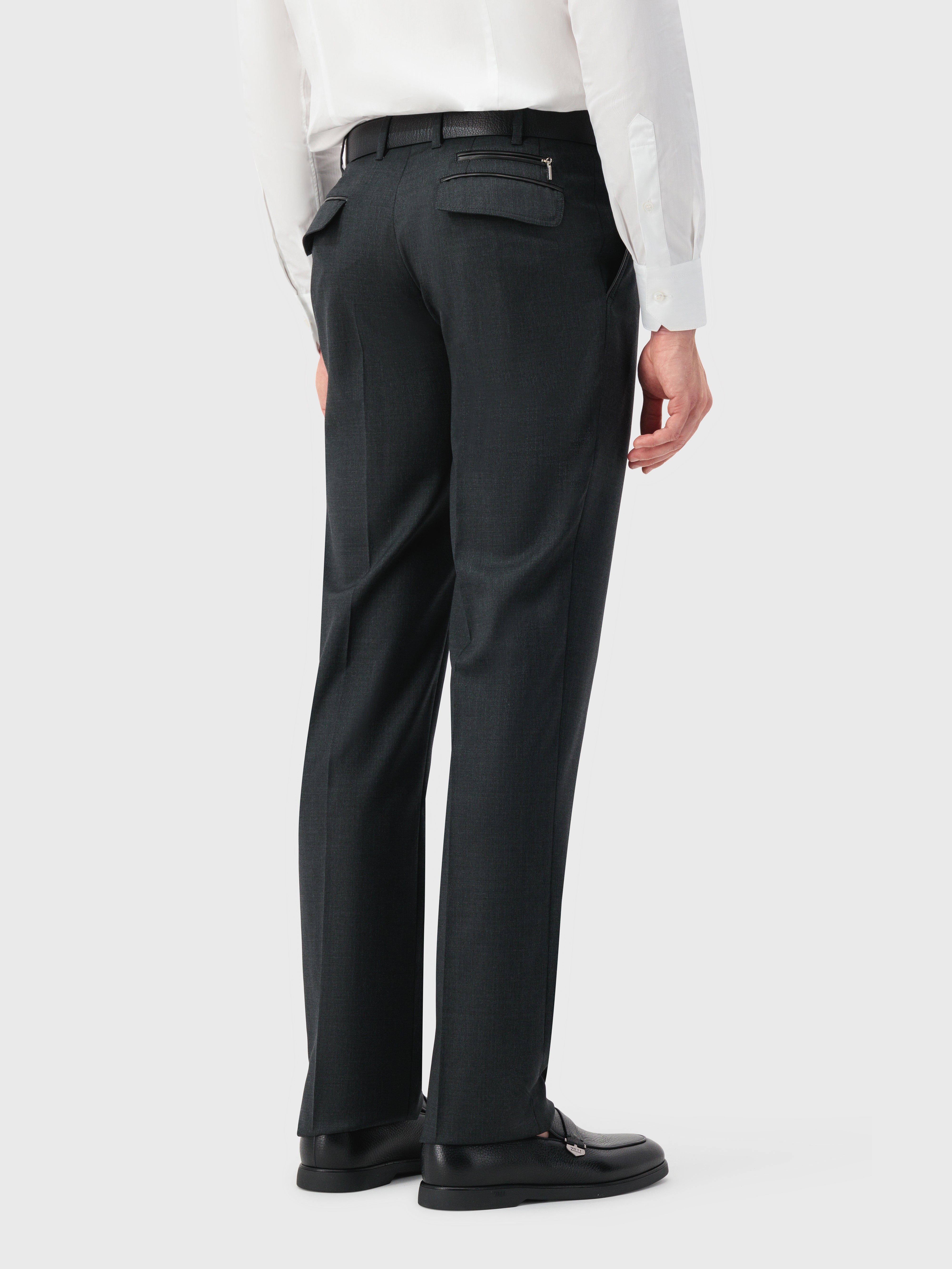 Wool Trousers with Leather Detailing Dark Charcoal