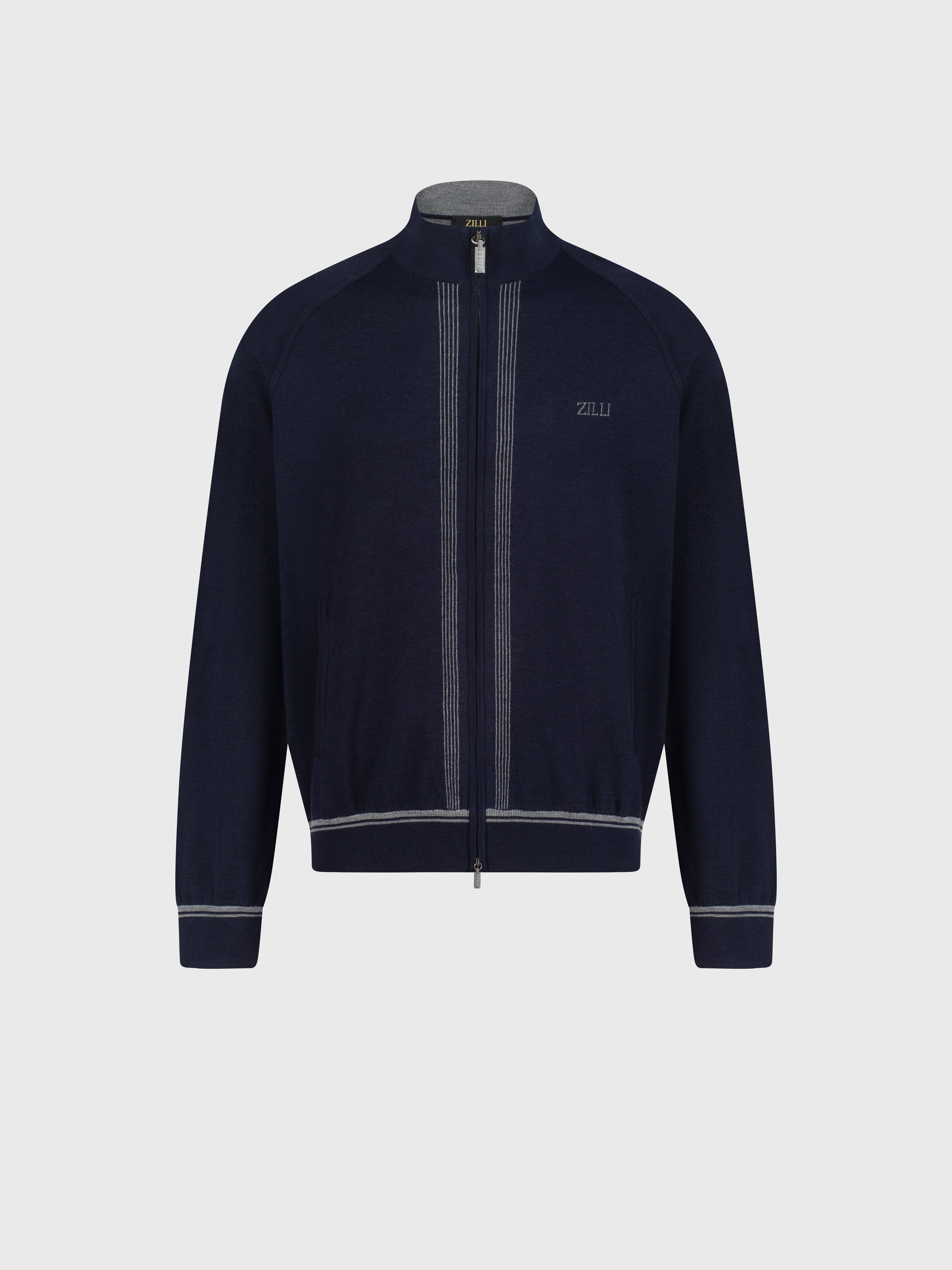 Jogging Suit in Wool and Silk with Lion Embroidery Dark Navy