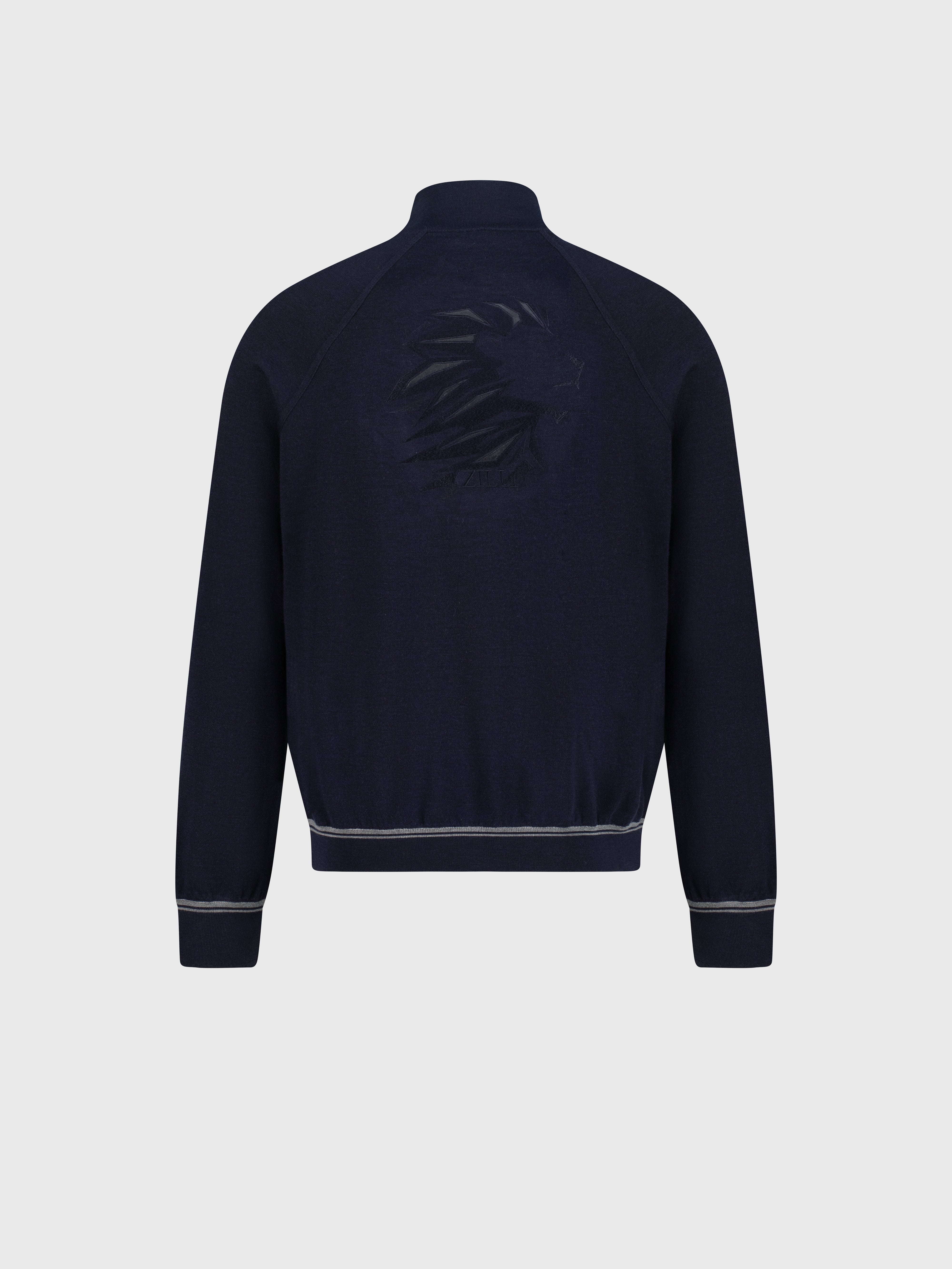 Jogging Suit in Wool and Silk with Lion Embroidery Dark Navy