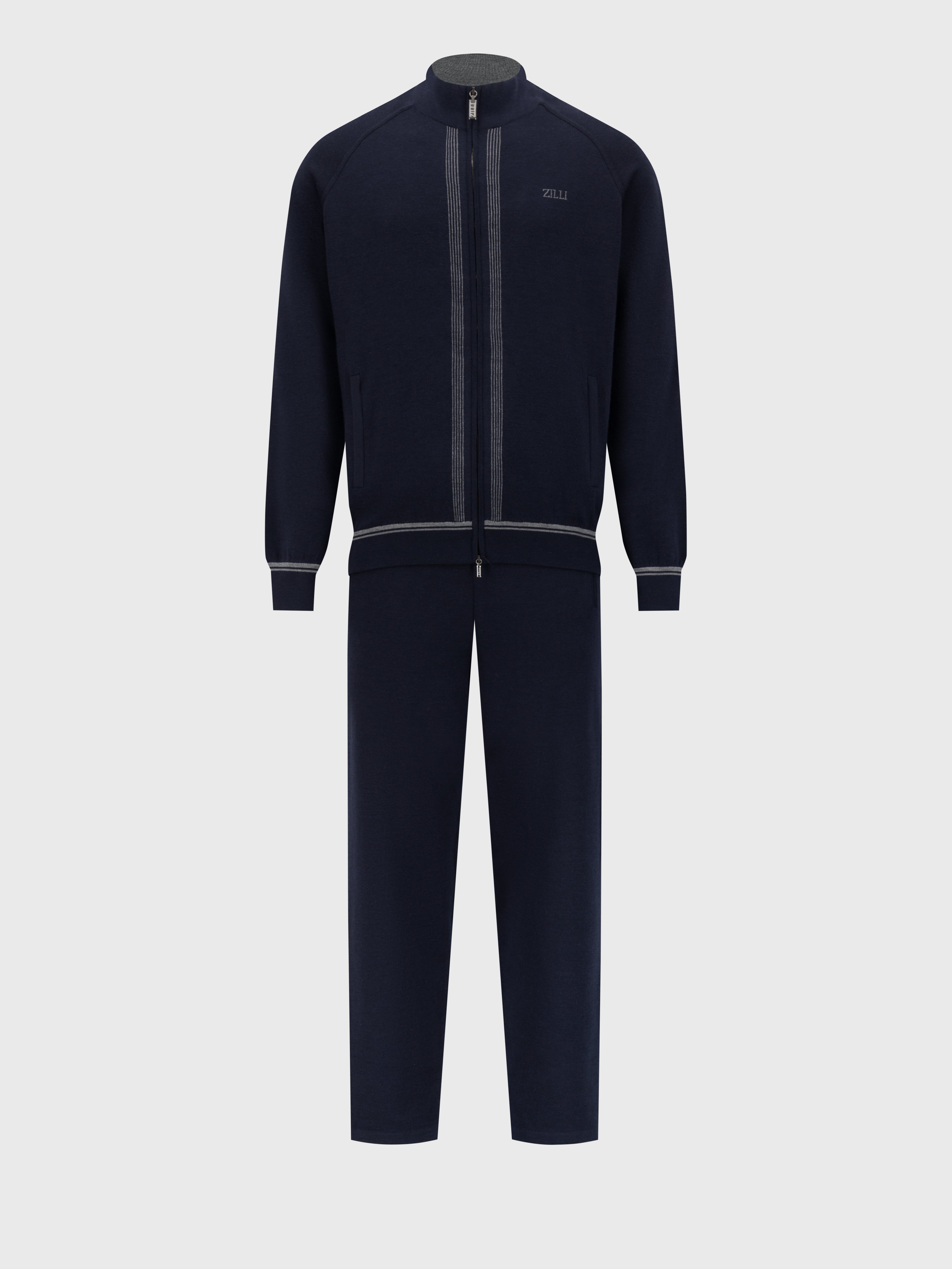 Jogging Suit in Wool and Silk with Lion Embroidery Dark Navy