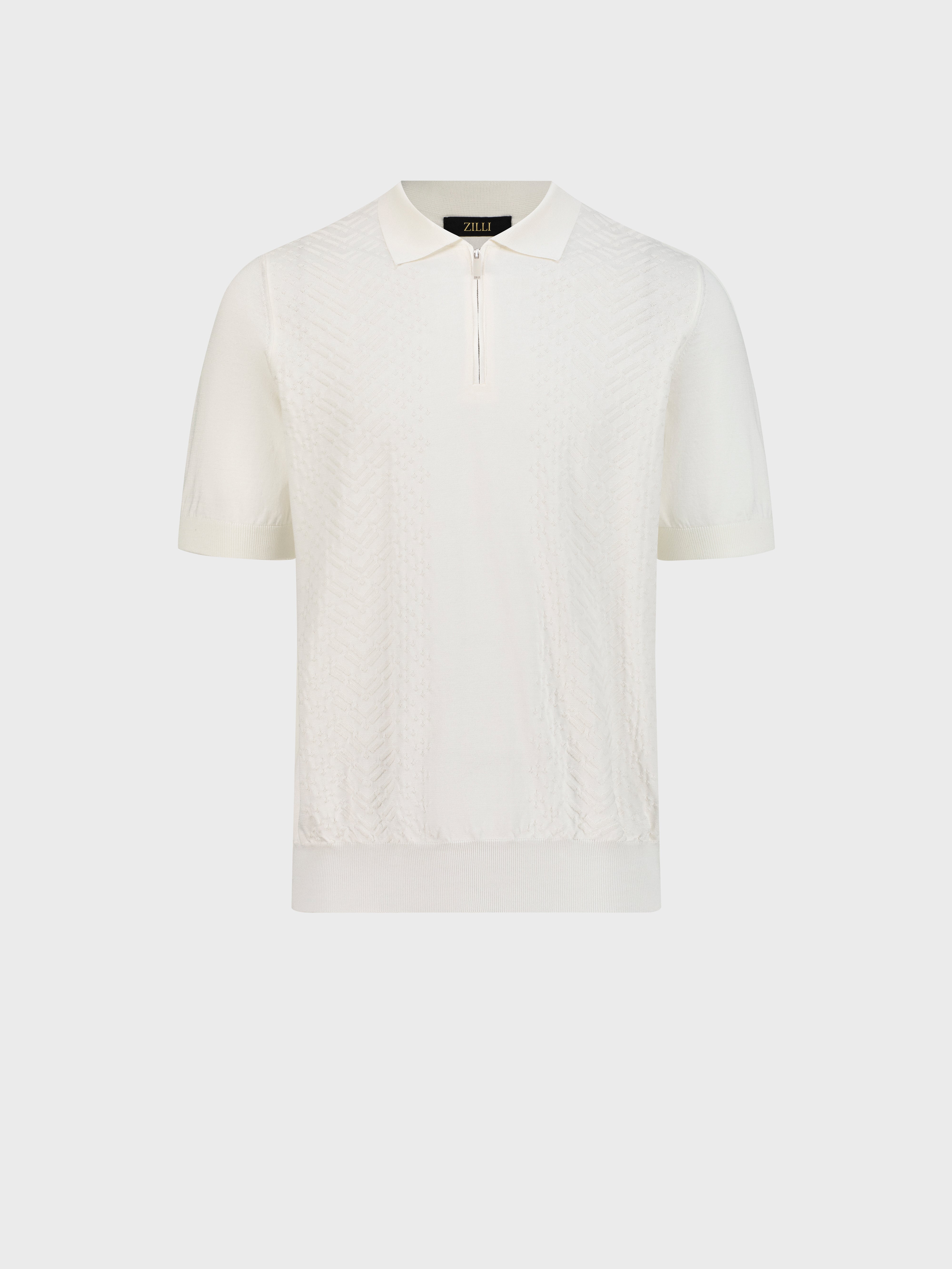 "Micro Lozenges" Silk Knit Polo - Natural White