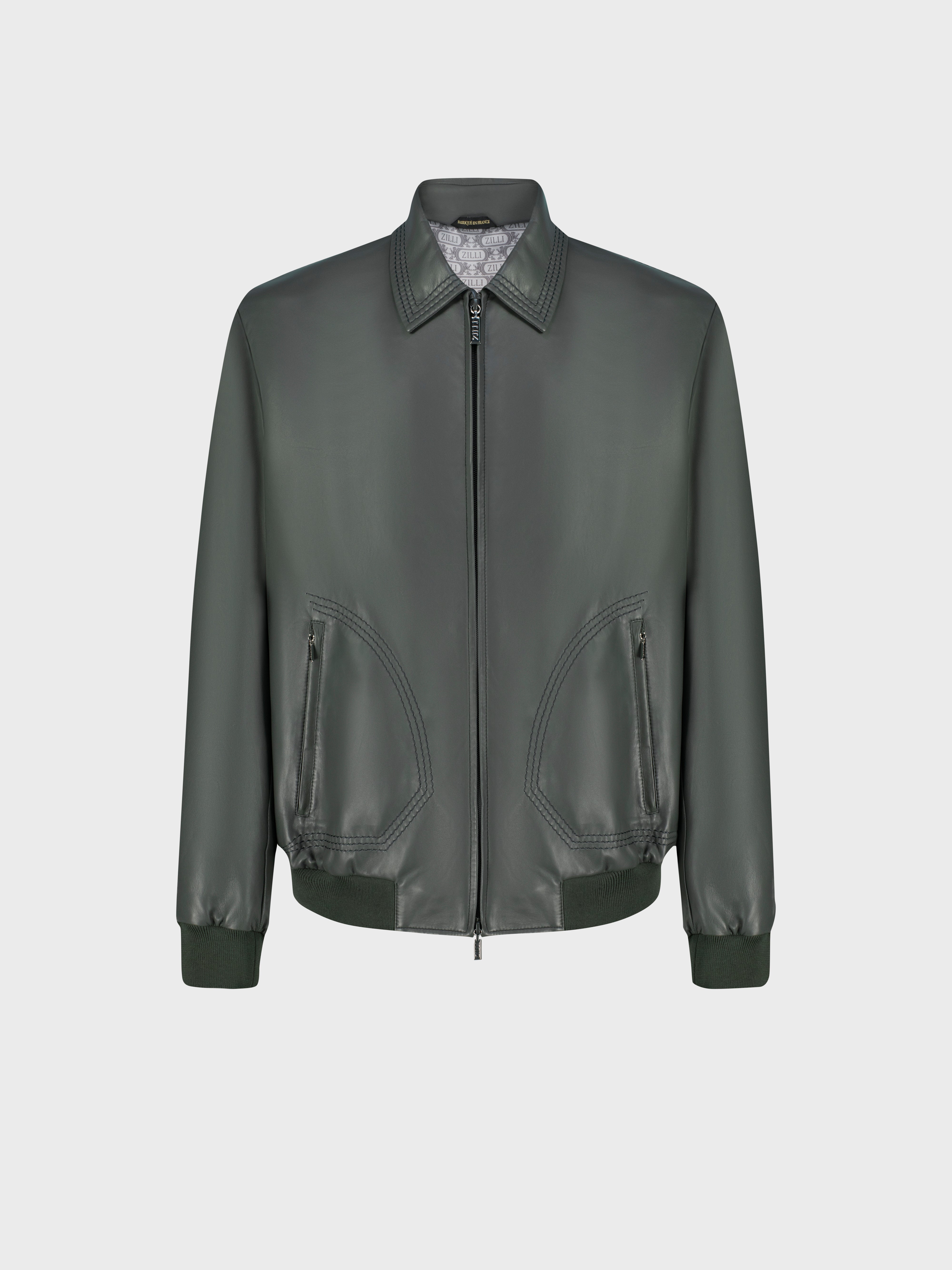 Triple-Stitched Collar Leather Jacket - Deep Military