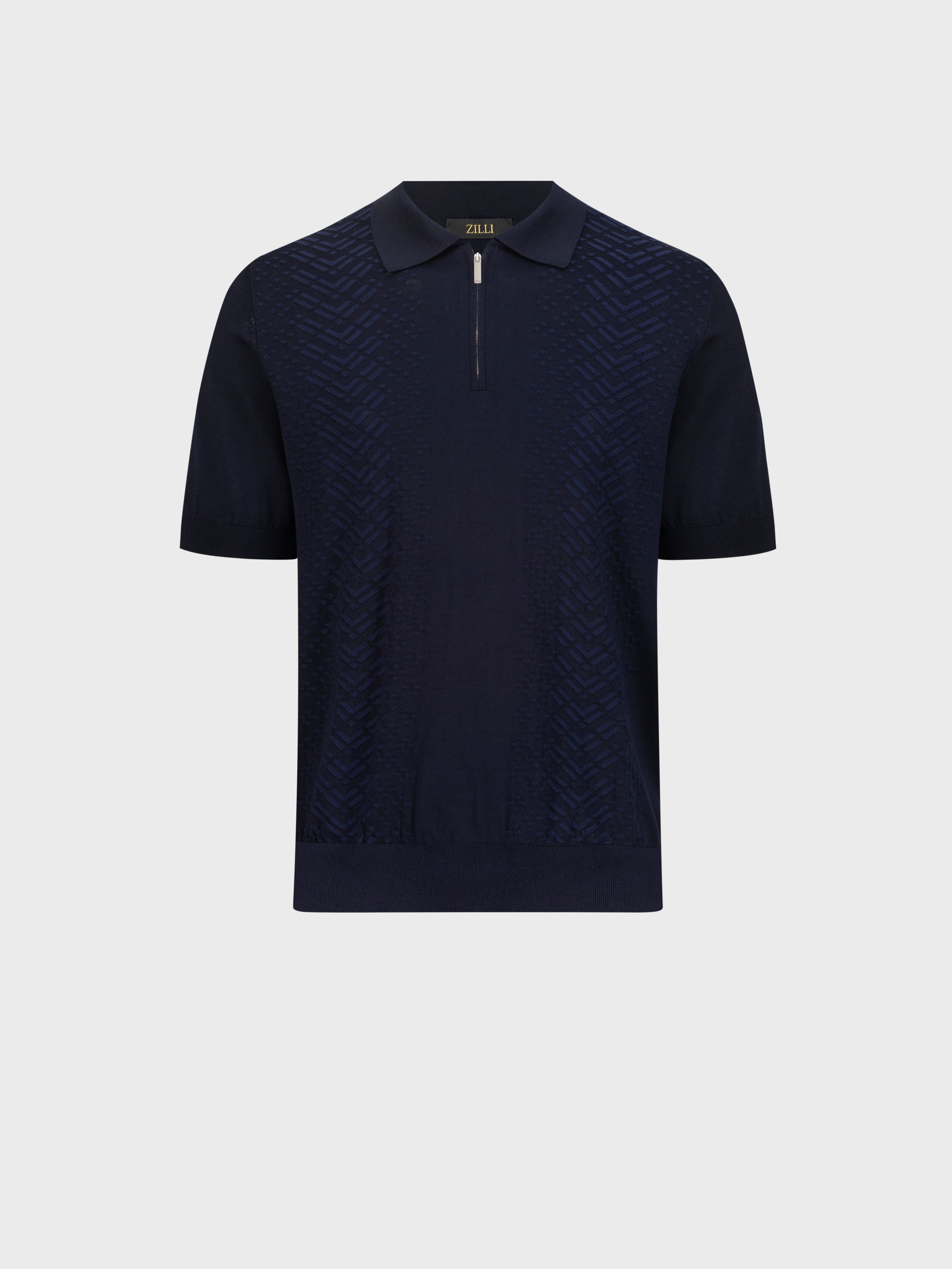 "Micro Lozenges" Silk Knit Polo - Blue Navy