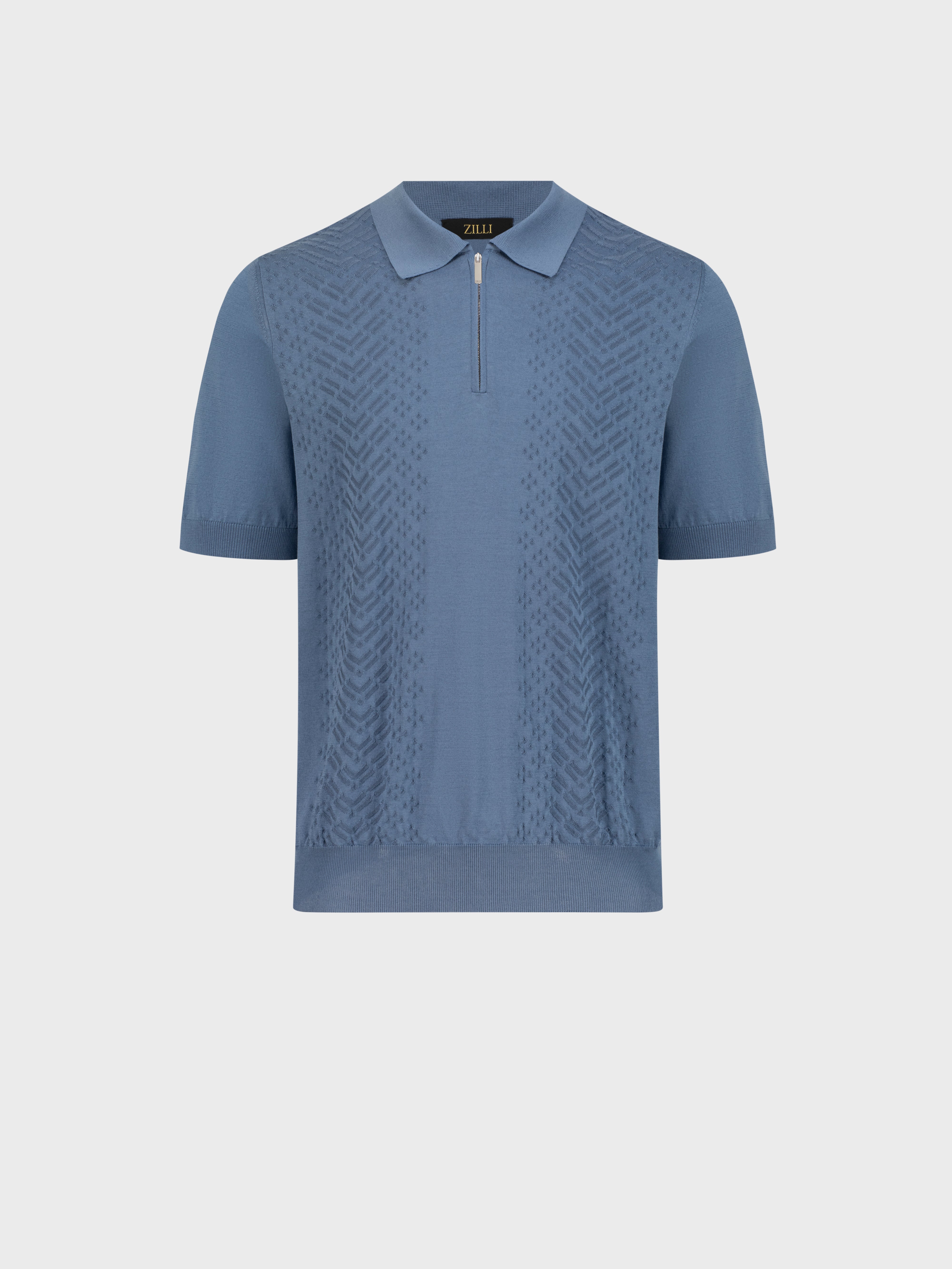 "Micro Lozenges" Silk Knit Polo - Pale Blue Onyx