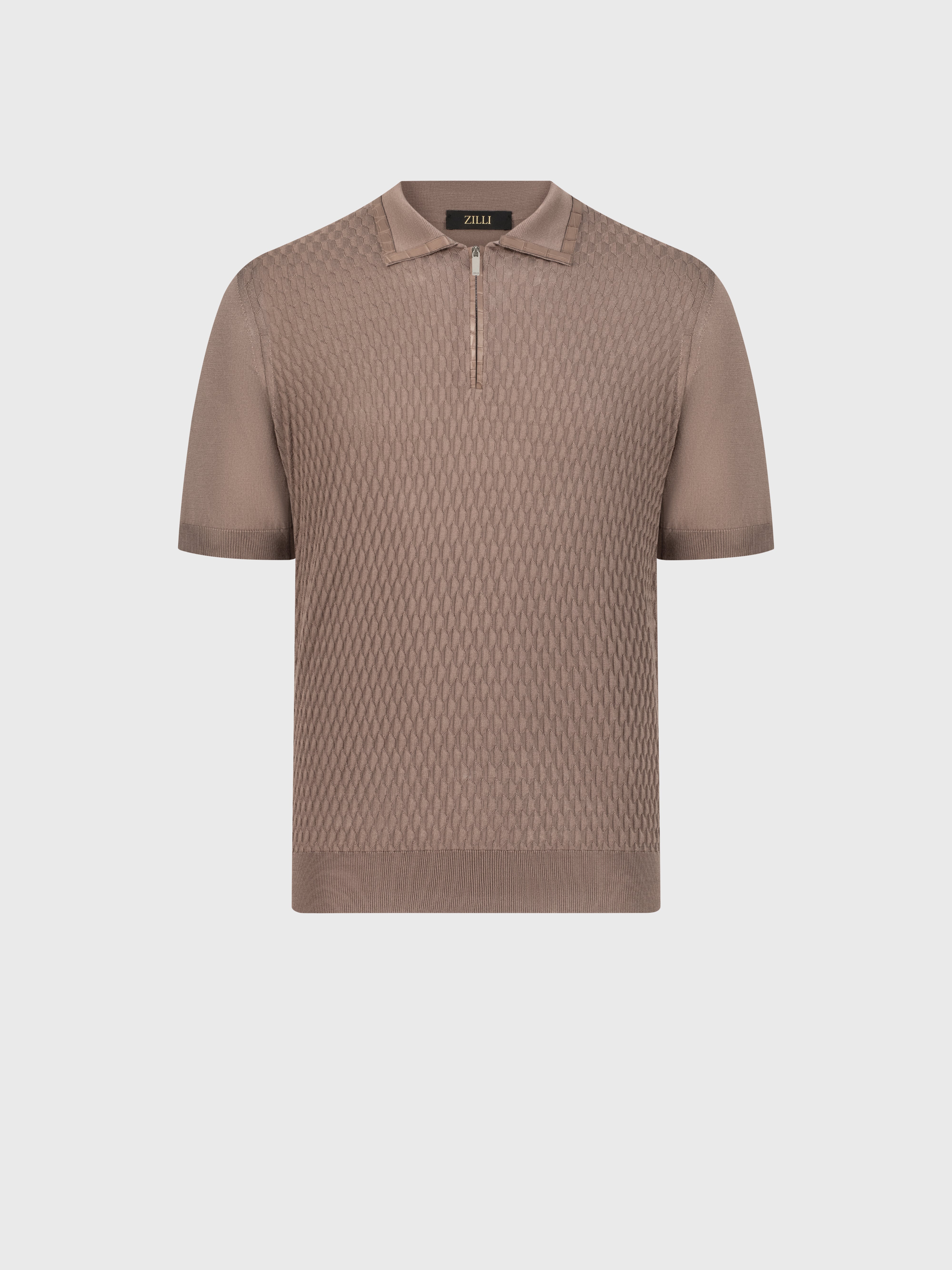 "Micro Lozenges" Crocodile-Detailed Silk Knit Polo - Pale Caramel