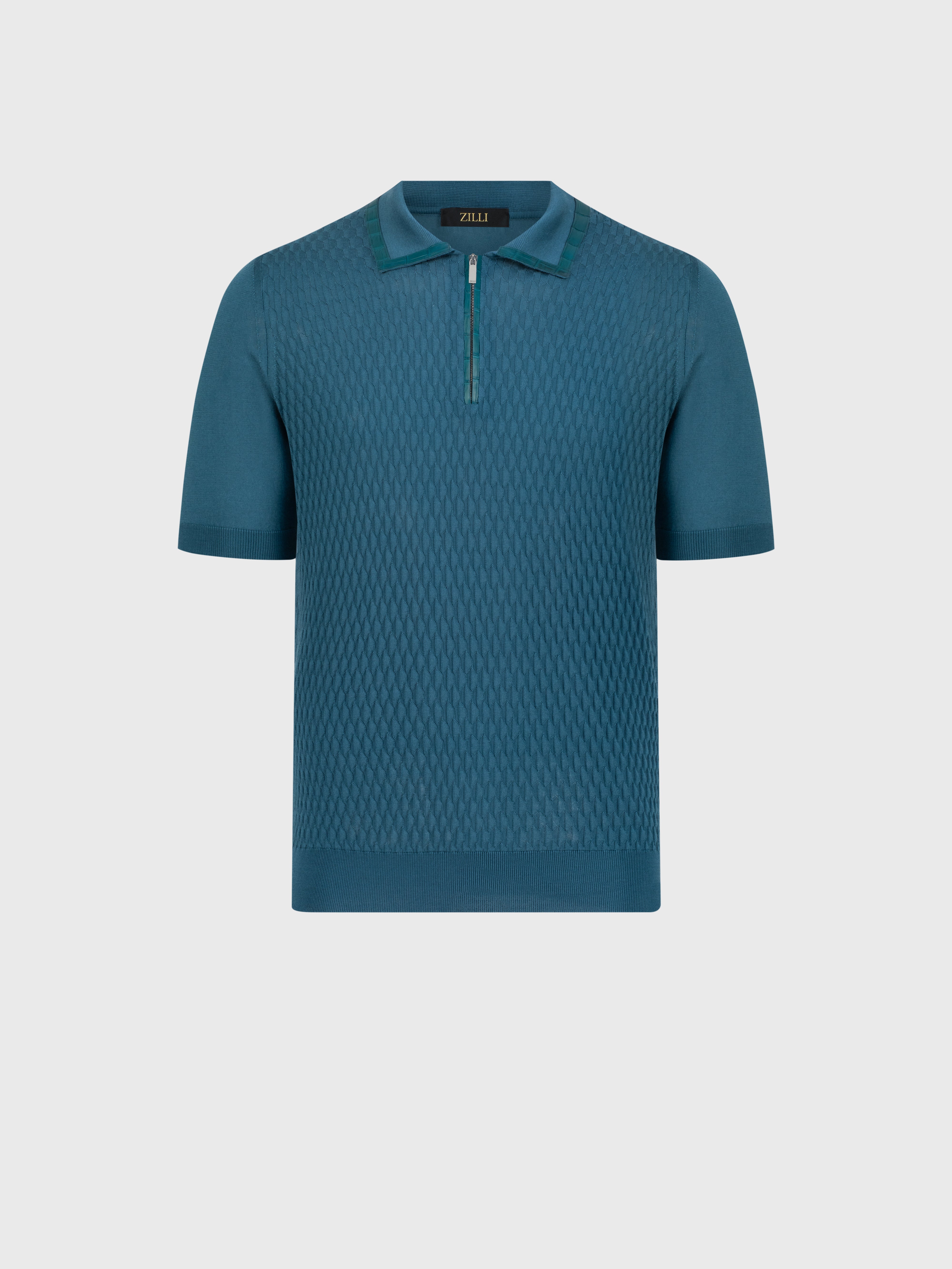 "Micro Lozenges" Crocodile-Detailed Silk Knit Polo - Deep Malachite