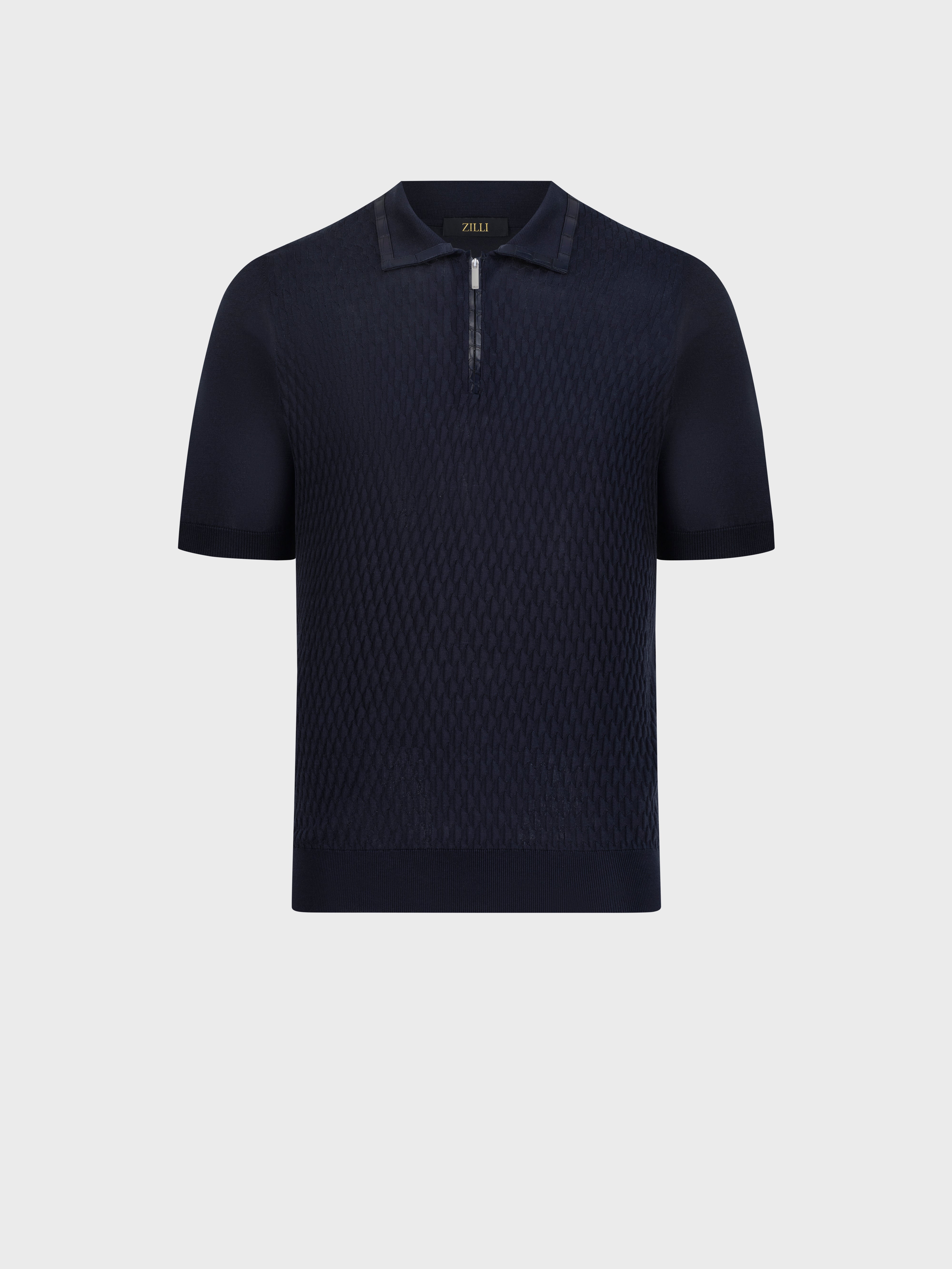 "Micro Lozenges" Crocodile-Detailed Silk Knit Polo - Blue Navy