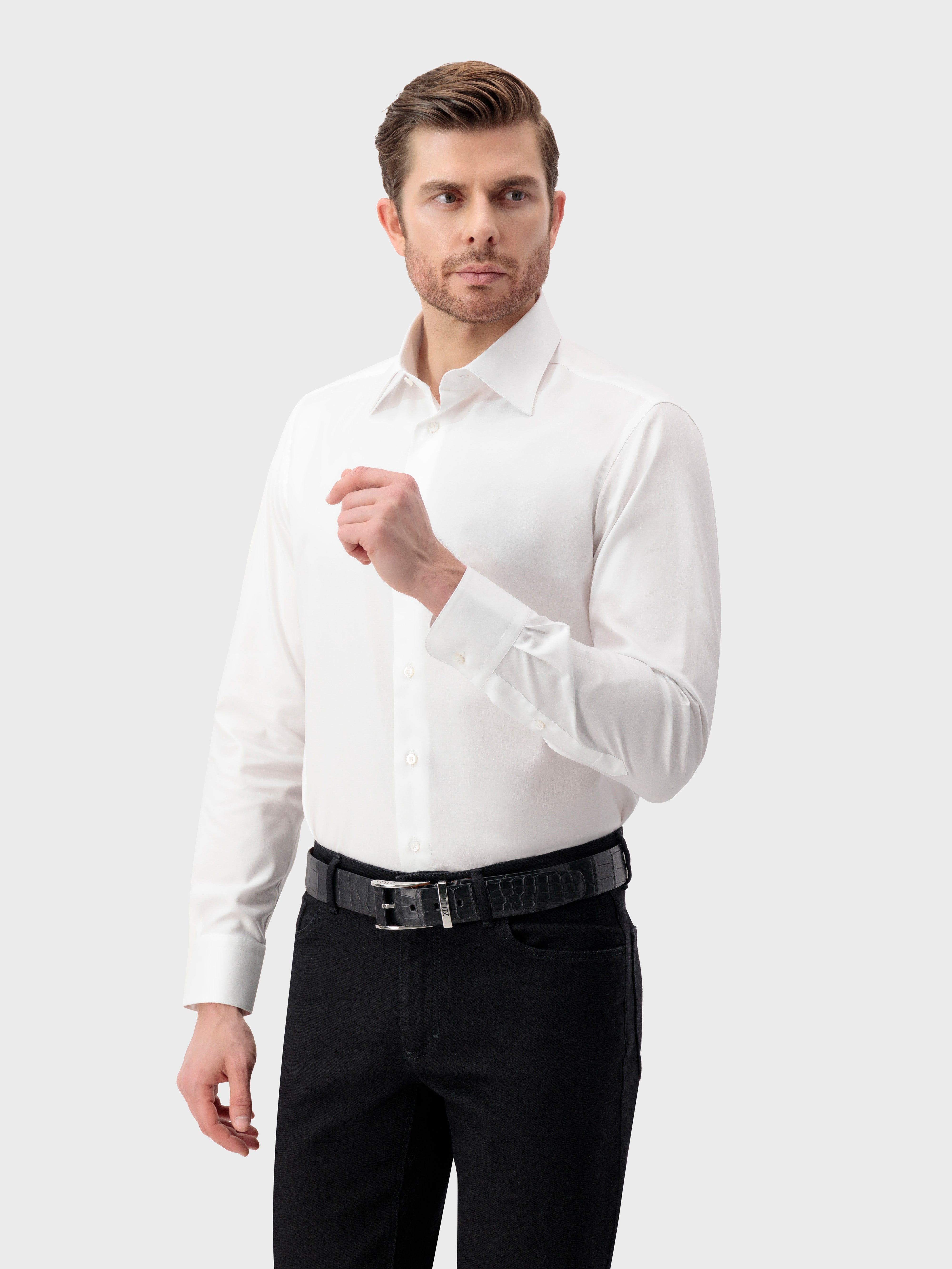 Single-Stitched Sharp Collar Cotton Shirt - White