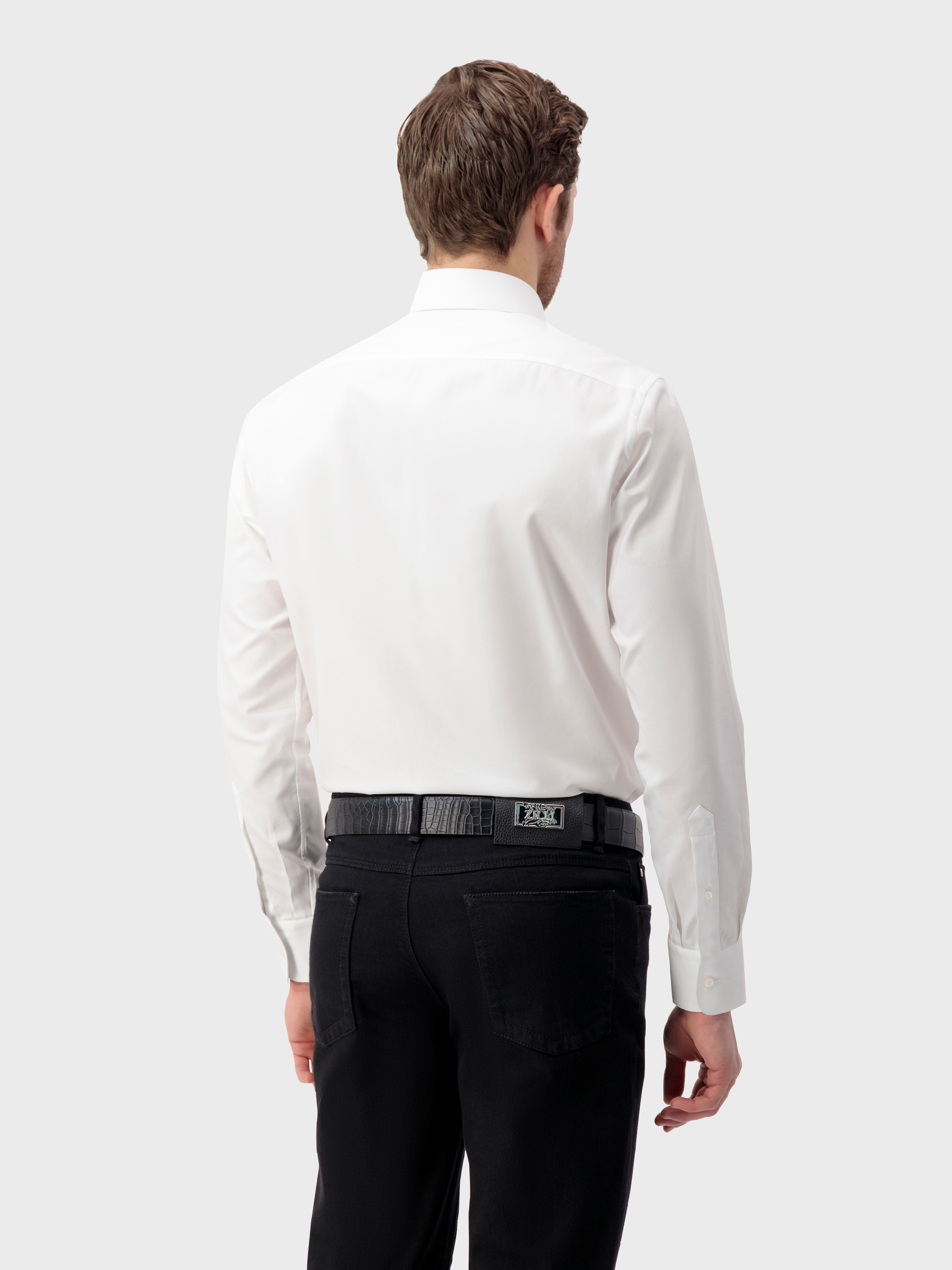 Single-Stitched Sharp Collar Cotton Shirt - White