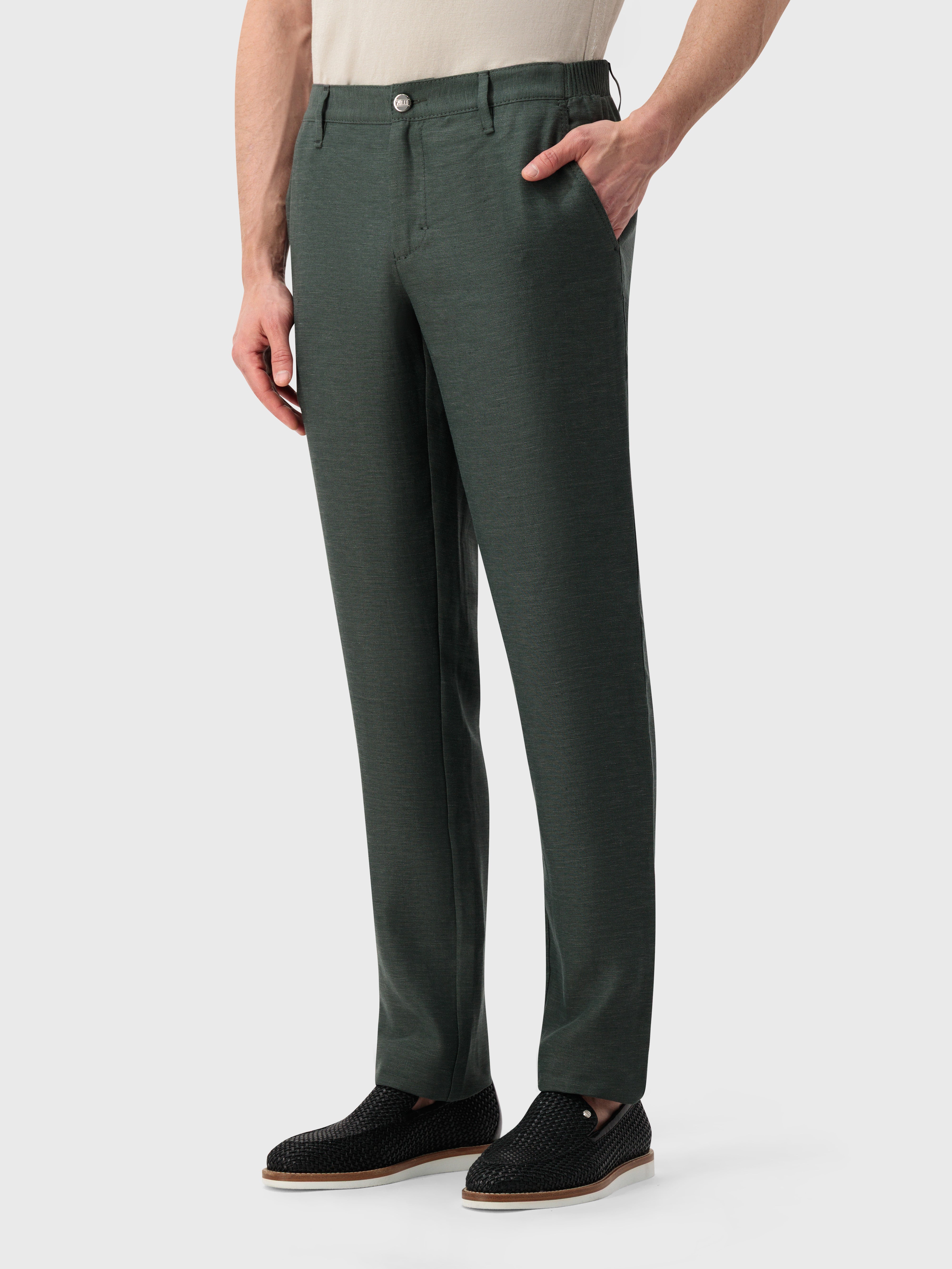 Slim Fit Linen Trousers - Deep Military