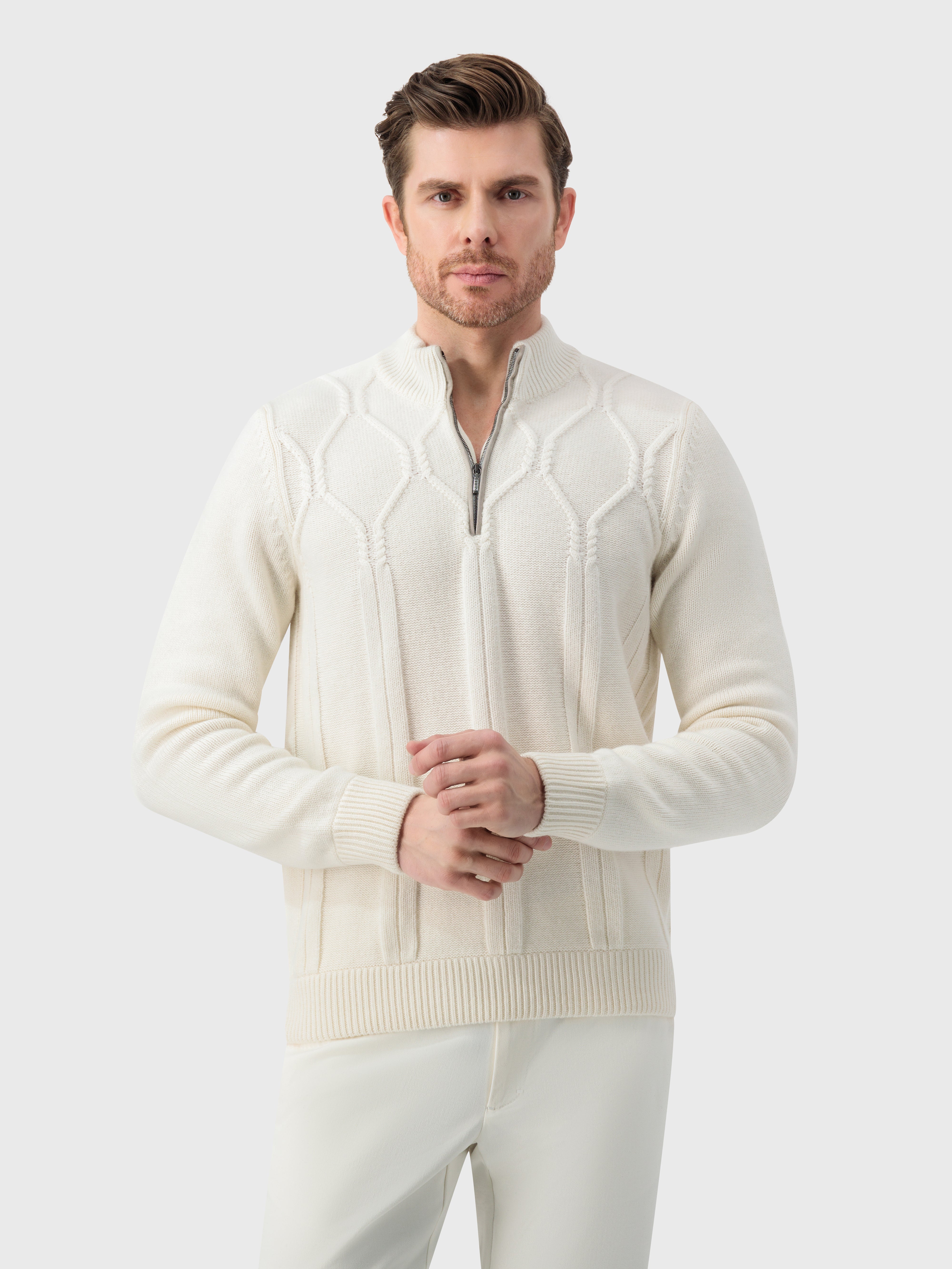 Mock Neck Zipped Cardigan with Rhombus Jacquard Weaving White