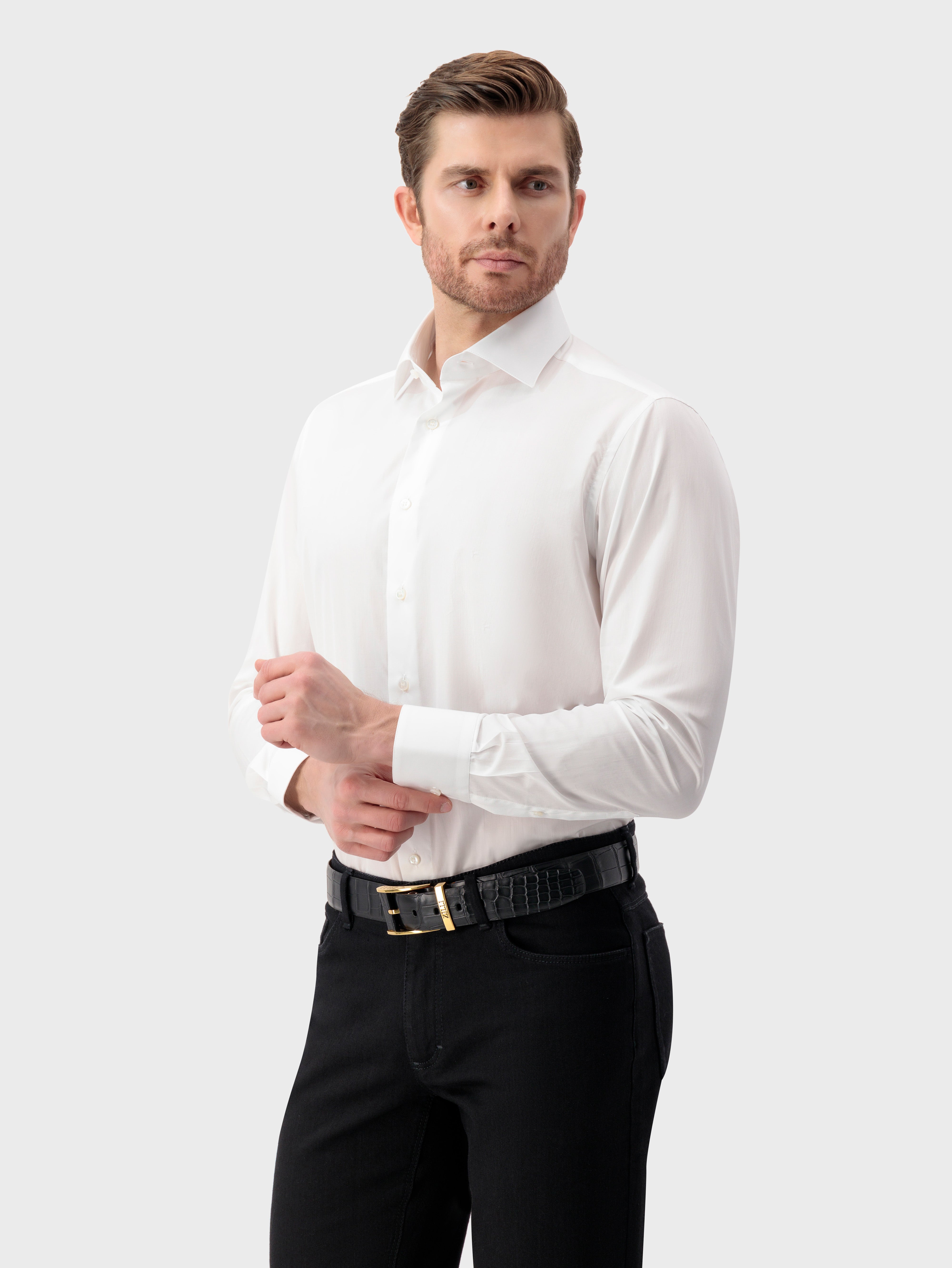 Single-Stitched Collar Cotton Shirt - Pearl White