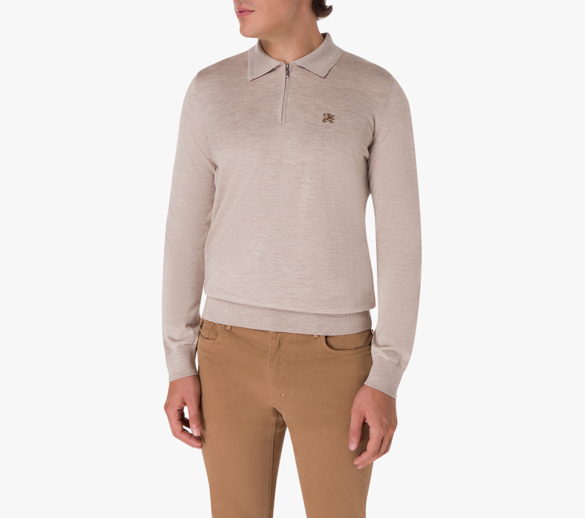 Polo Shirt in Wool, Silk, and Cashmere Knit with Micro Griffon Embroidery