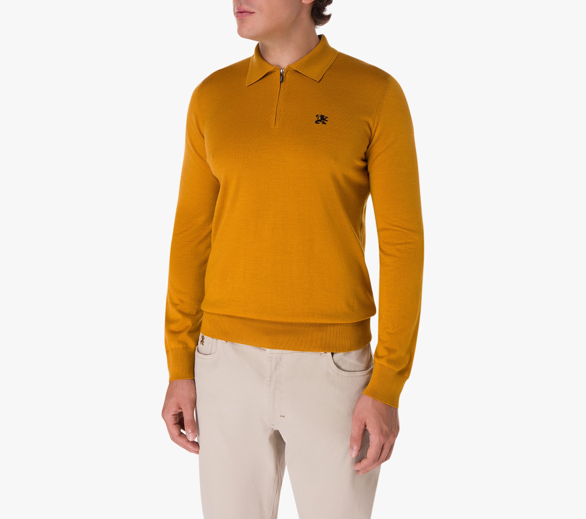 Polo Shirt in Wool, Silk, and Cashmere Knit with Micro Griffon Embroidery