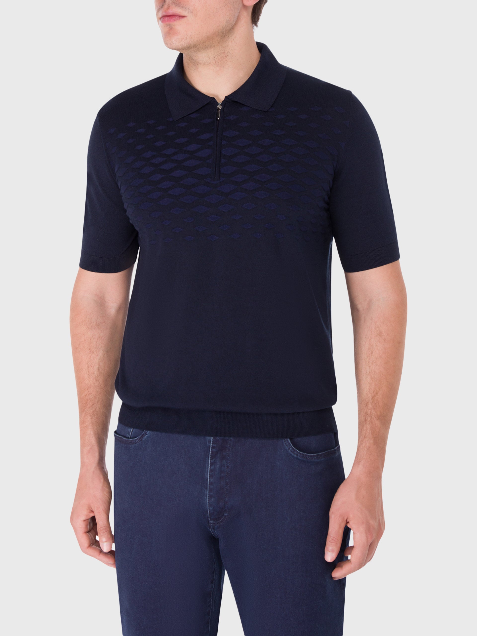 Short Sleeve Zipped Polo with Diamond Pattern