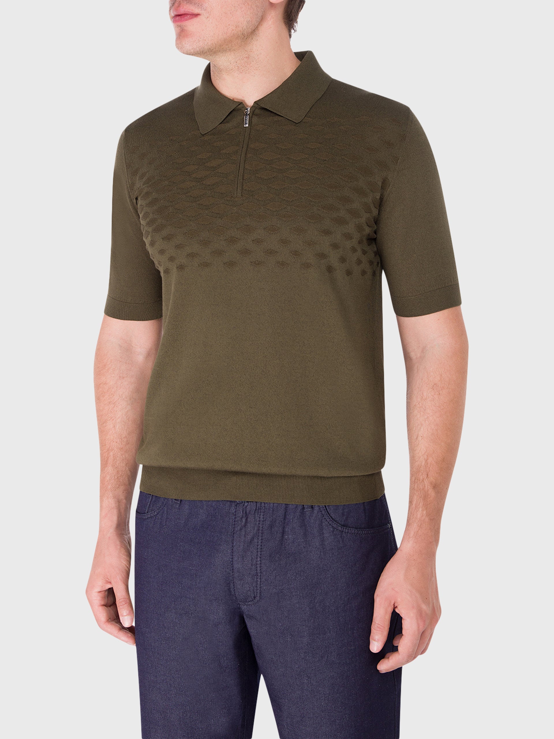 Short Sleeve Zipped Polo with Diamond Pattern