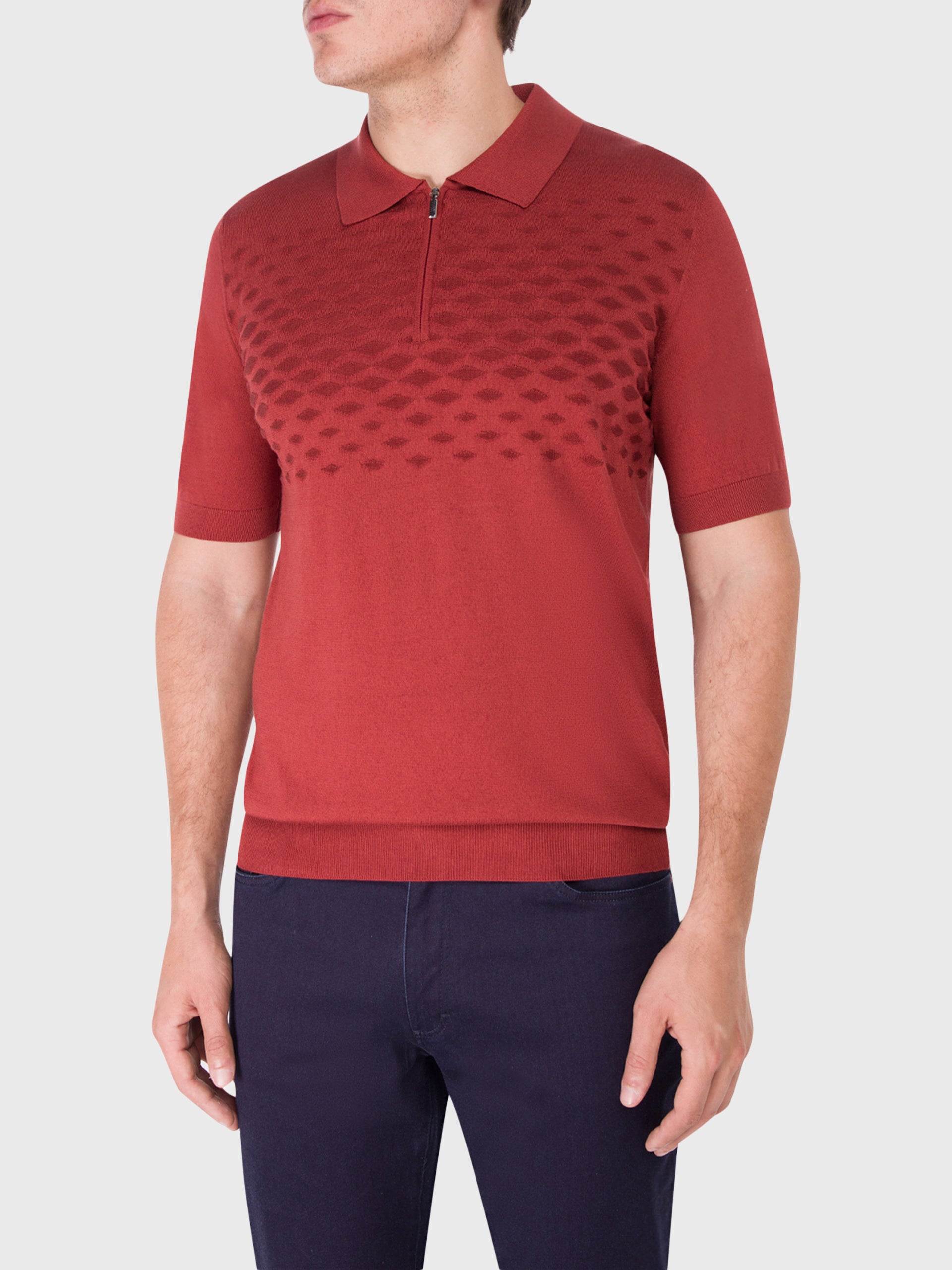 Short Sleeve Zipped Polo with Diamond Pattern