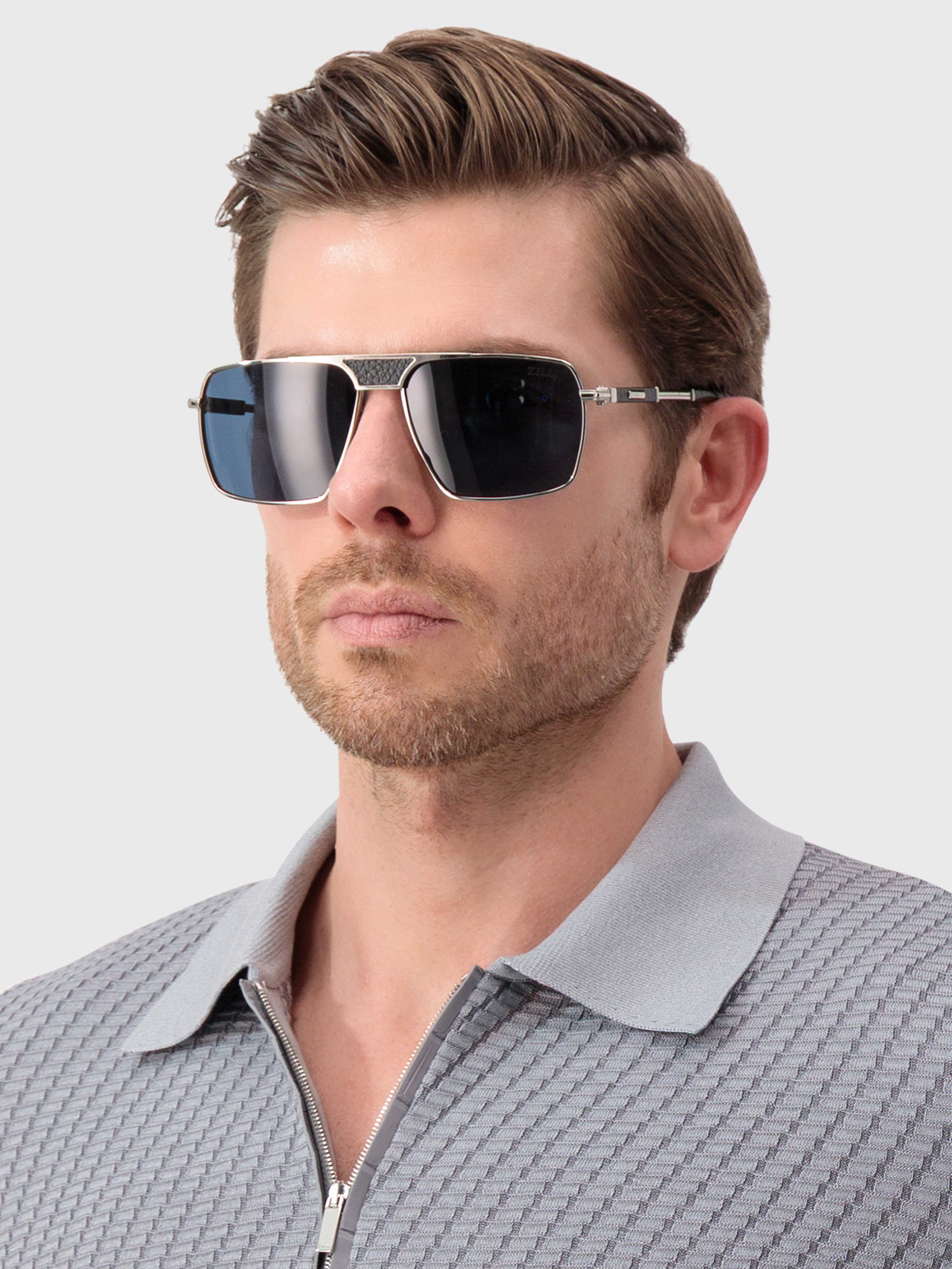 Square Aviator Sunglasses - Shiny Silver and Black